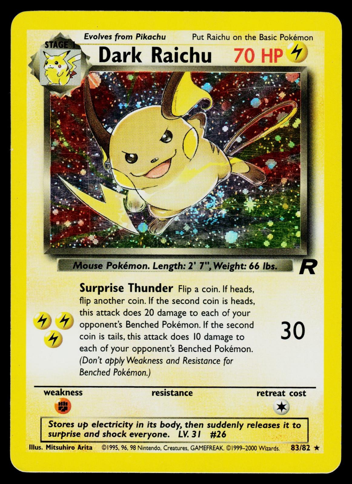 *SWIRL* Dark Raichu 83/82 Secret Rare Team Rocket Unlimited Holo Lightly Played *SWIRL* Dark Raichu 83/82 Secret Rare Team Rocket Unlimited Holo Lightly Played