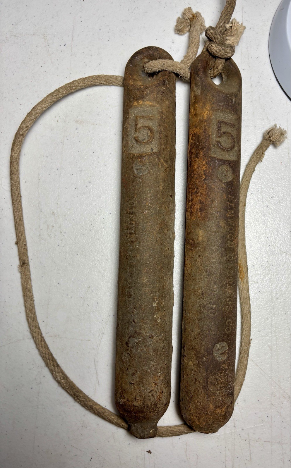 2 Antique Window Sash Weights Gray Iron Cast Iron 5 LBS Elmwood Castings Co
