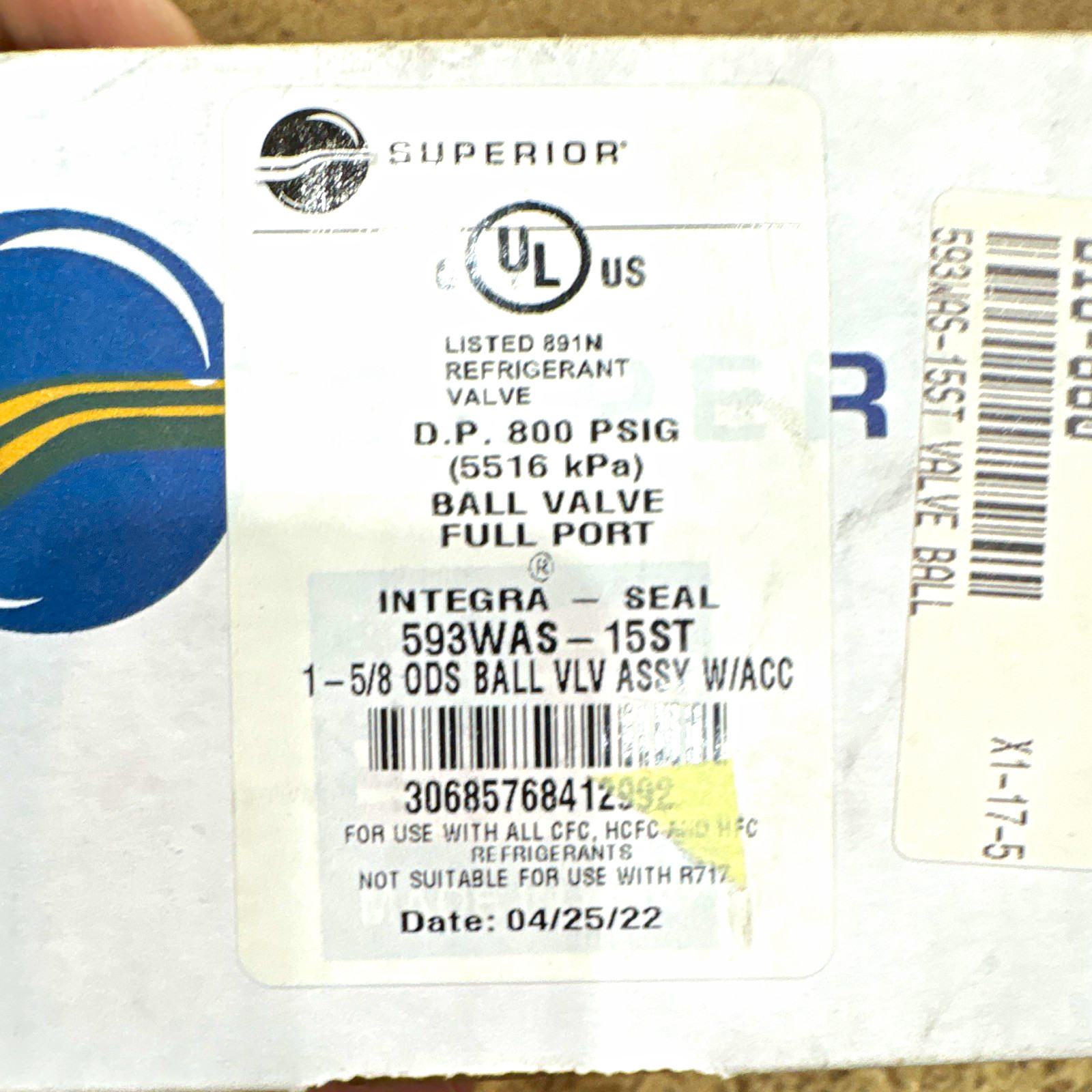 Superior Integra-Seal 593WAS-15ST Full Port Refrigerant Ball Valve 1-5/8 ODS Superior Integra-Seal 593WAS-15ST Full Port Refrigerant Ball Valve 1-5/8 ODS