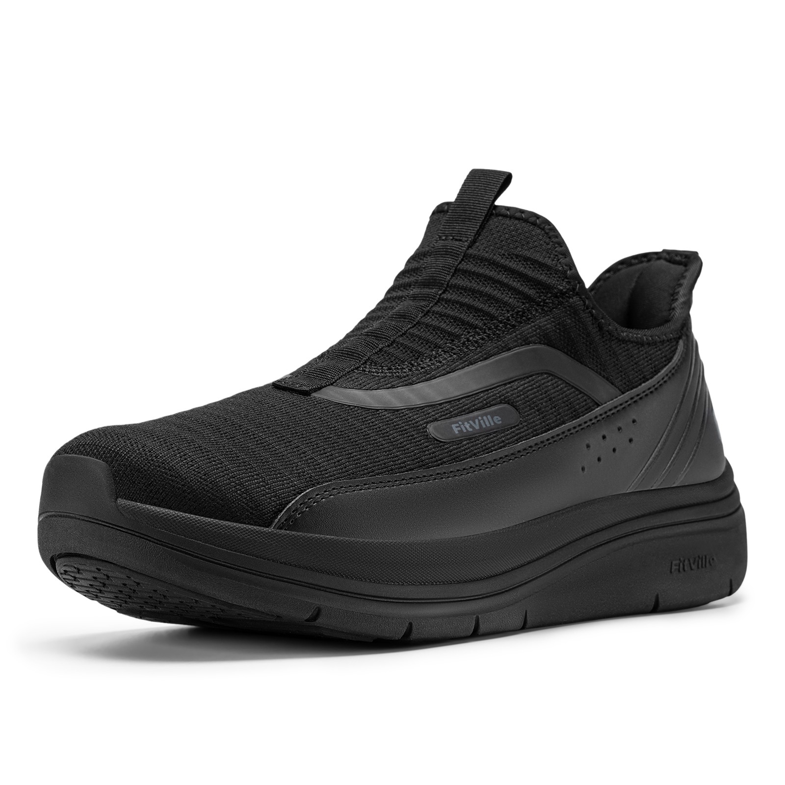 FitVille Men\'s Extra Wide Slip On Walking Shoes Arch Support Sneakers Black