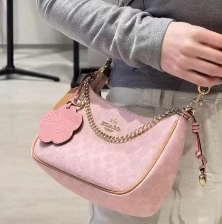 NWT Coach Gold Powder Pink Teri Shoulder Bag Signature with Charms CEA20