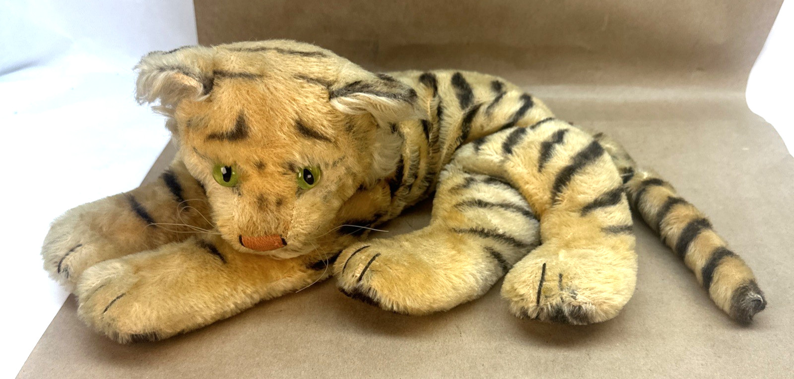 Steiff Vintage Mohair Lying Tiger Cub 1950’s Germany Green Eyes