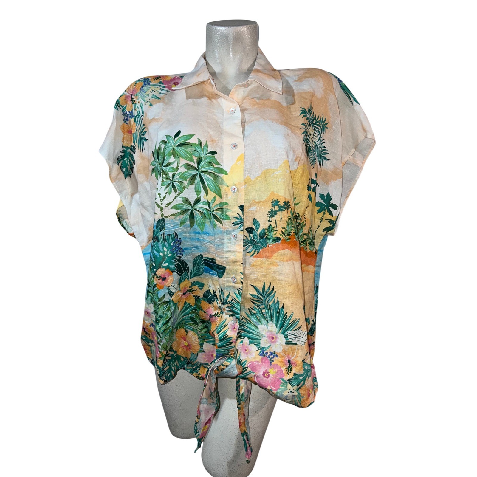 New Talbots Top Tropical Island Print Linen Blend Tie Front Button Shirt 2XP NWT