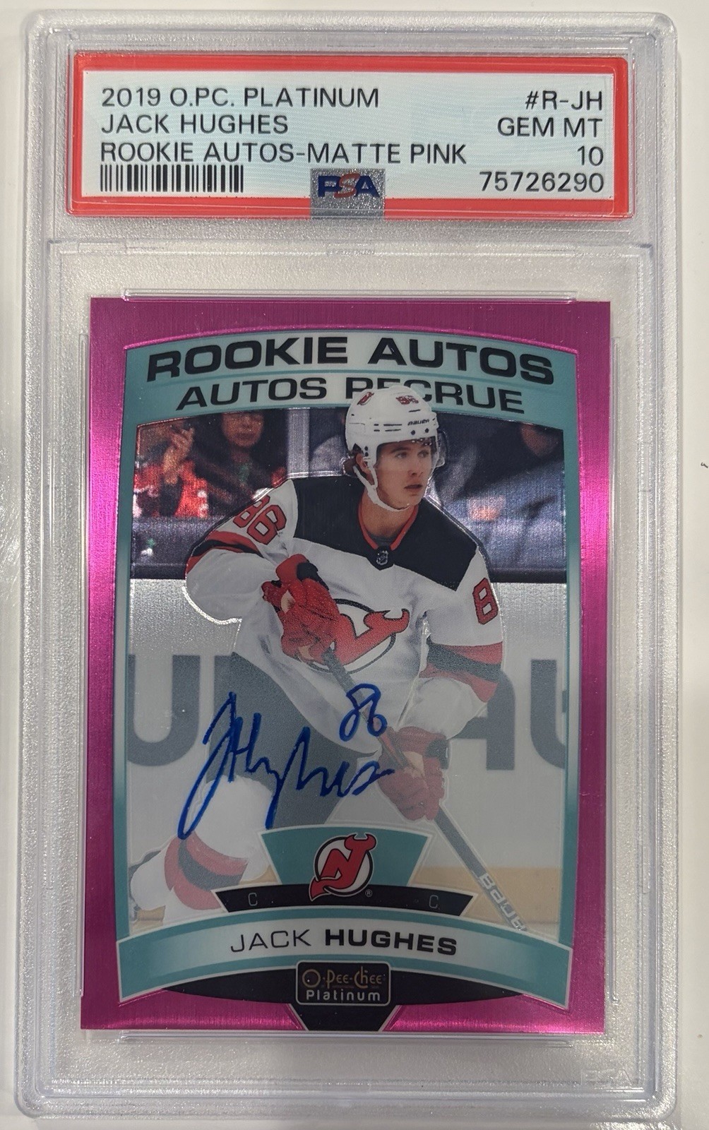 2019-20 OPC Platinum Jack Hughes Matte Pink Rookie Auto /99 PSA10 2019-20 OPC Platinum Jack Hughes Matte Pink Rookie Auto /99 PSA10