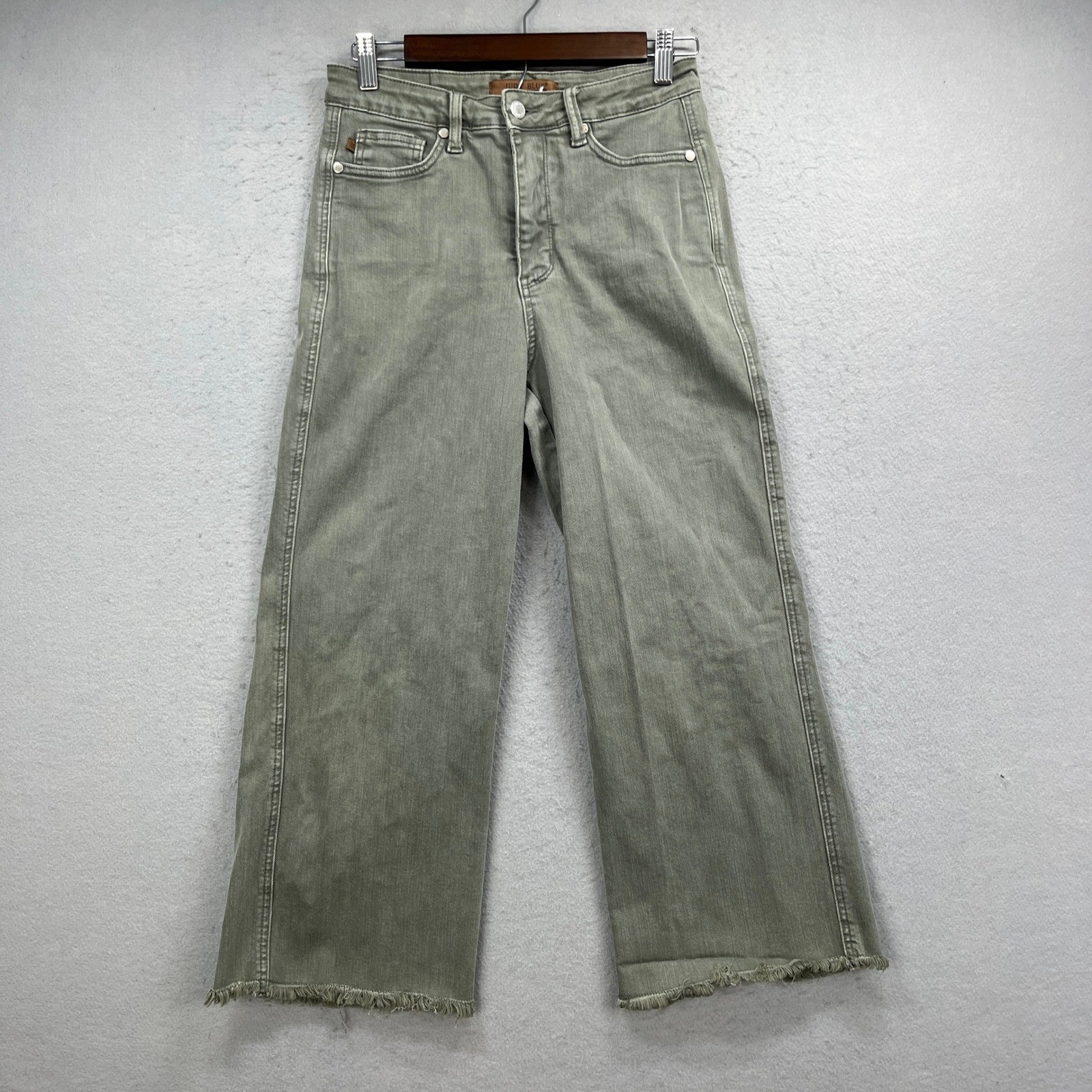 Judy Blue Jeans Women 7/28 Green Denim Wide Leg Raw Hem Garment Dyed High Rise