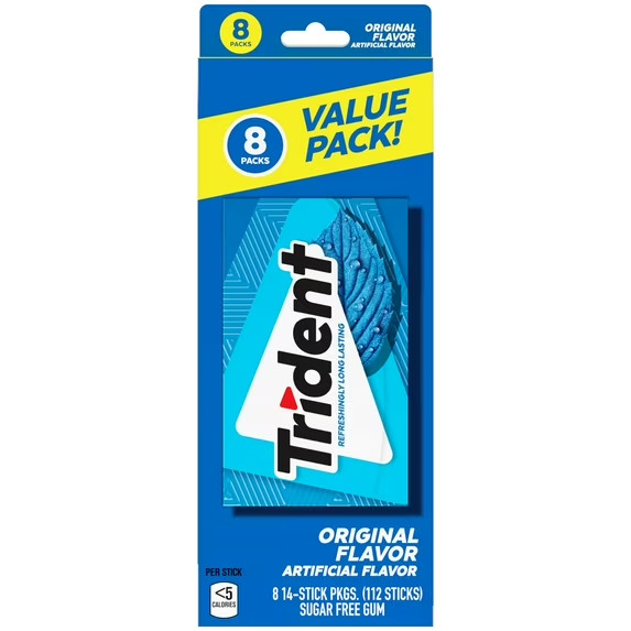 Trident Sugar Free Gum, Original, Value pack, 8 packs of 14 Pieces. Trident Sugar Free Gum, Original, Value pack, 8 packs of 14 Pieces.