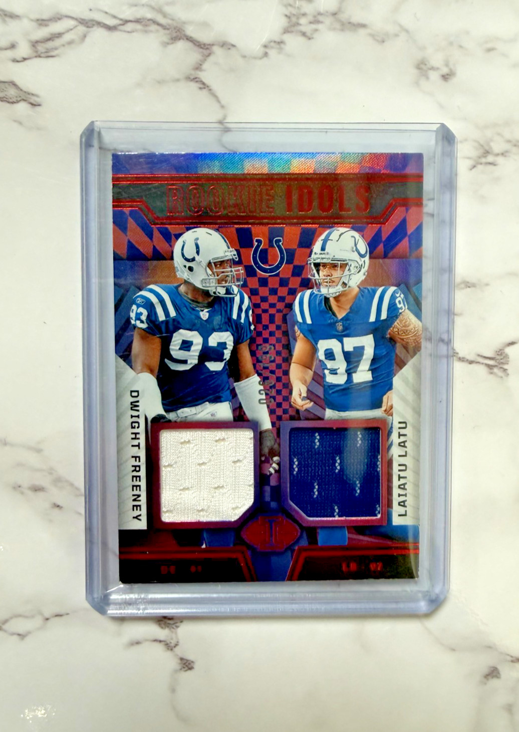 2024 Illusions Laiatu Latu Dwight Freeney RC Rookie Idols Dual Jersey Red /199 2024 Illusions Laiatu Latu Dwight Freeney RC Rookie Idols Dual Jersey Red /199