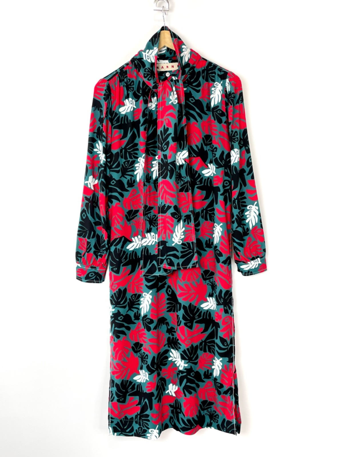 MARNI Teal Red Tropical Leaf Print Tie Neck Midi Dress Viscose IT 38⁠