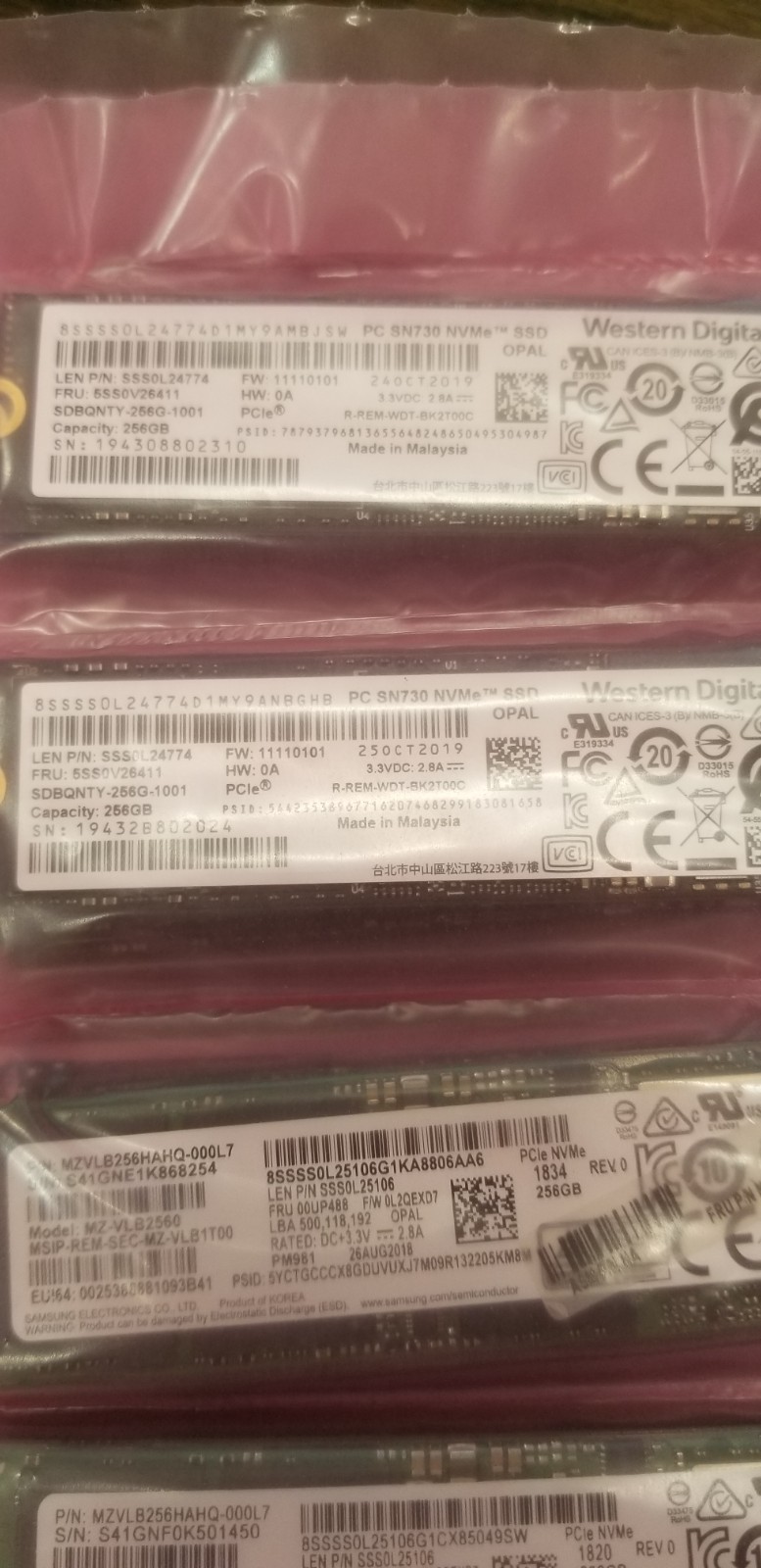 Lot of 100 M.2 NVMe SSD 256GB Mixed Brands/Models