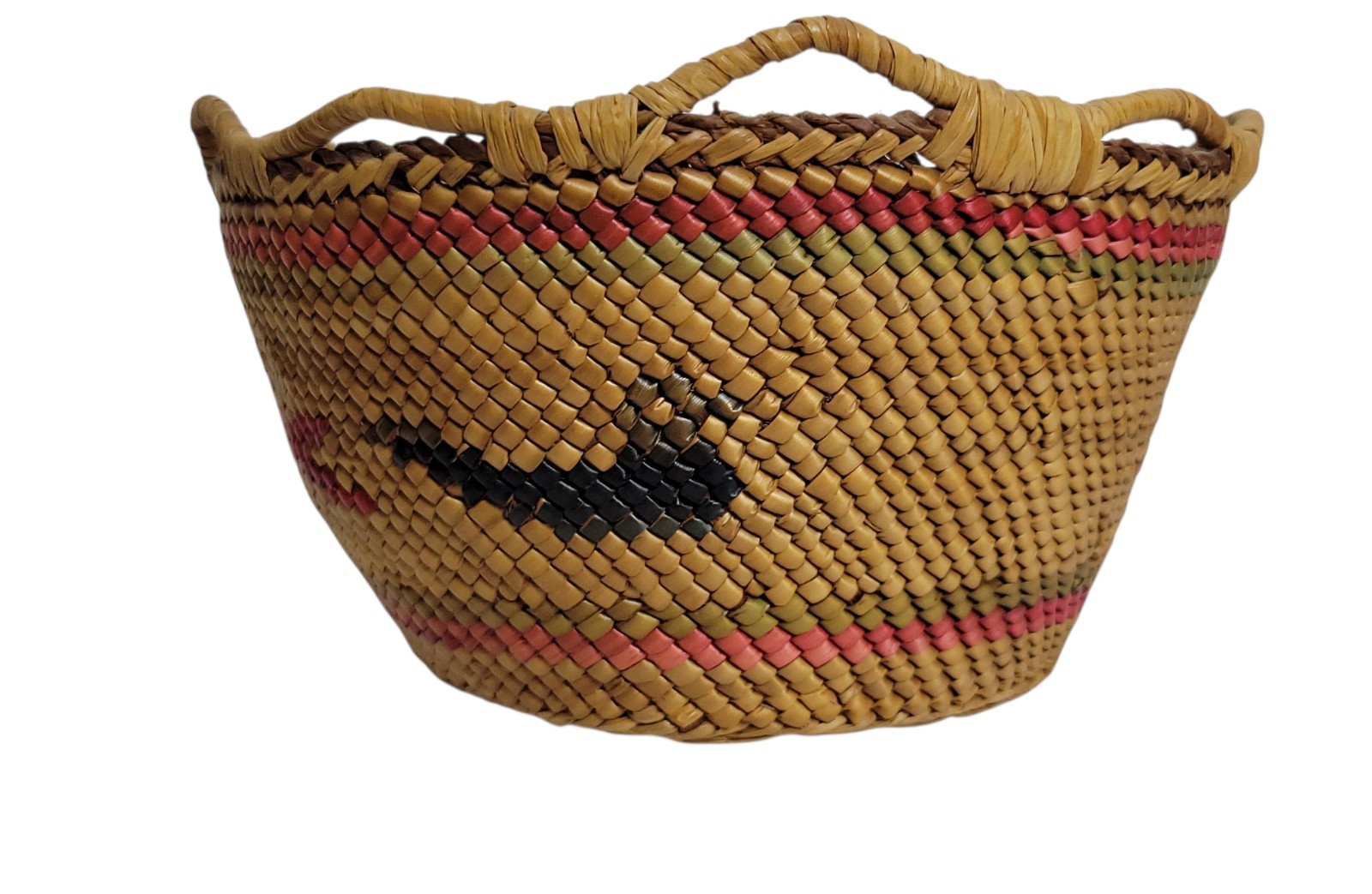 Vintage Makah Style Northwest Coast Woven Basket Pictorial Red Black 6.5