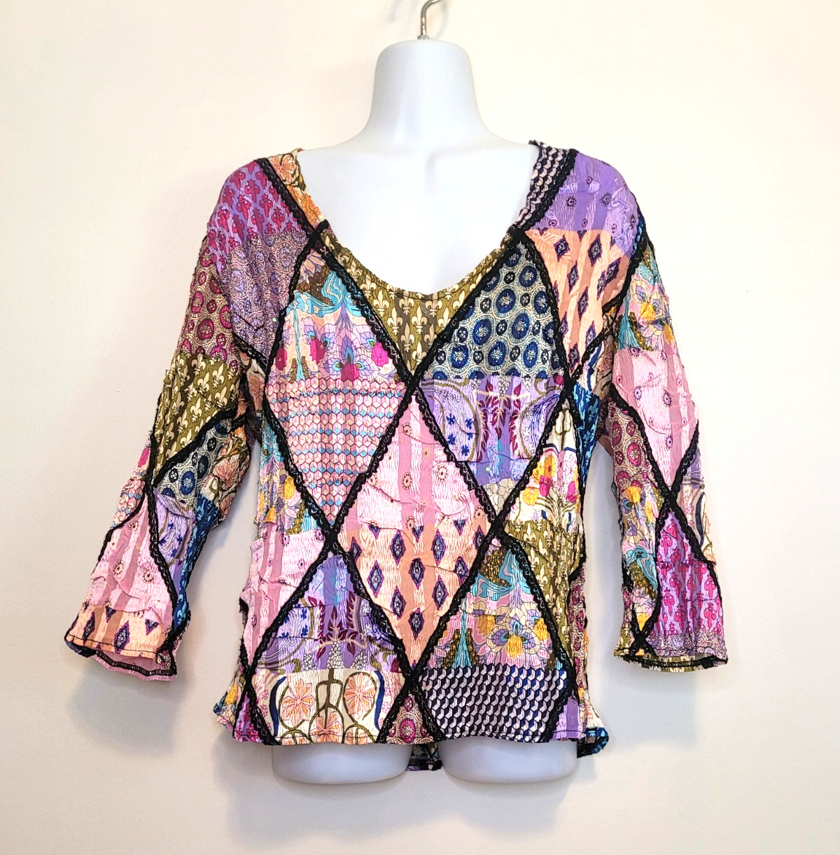 Vtg Y2K Alberto Makali Patchwork Crinkle Blouse Top L Vneck Whimysgoth Vtg Y2K Alberto Makali Patchwork Crinkle Blouse Top L Vneck Whimysgoth