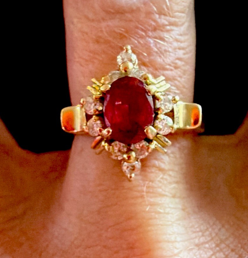 Vintage 14k gold ruby & diamond cathedral style ring prong set w/ .85 carat ruby Vintage 14k gold ruby & diamond cathedral style ring prong set w/ .85 carat ruby
