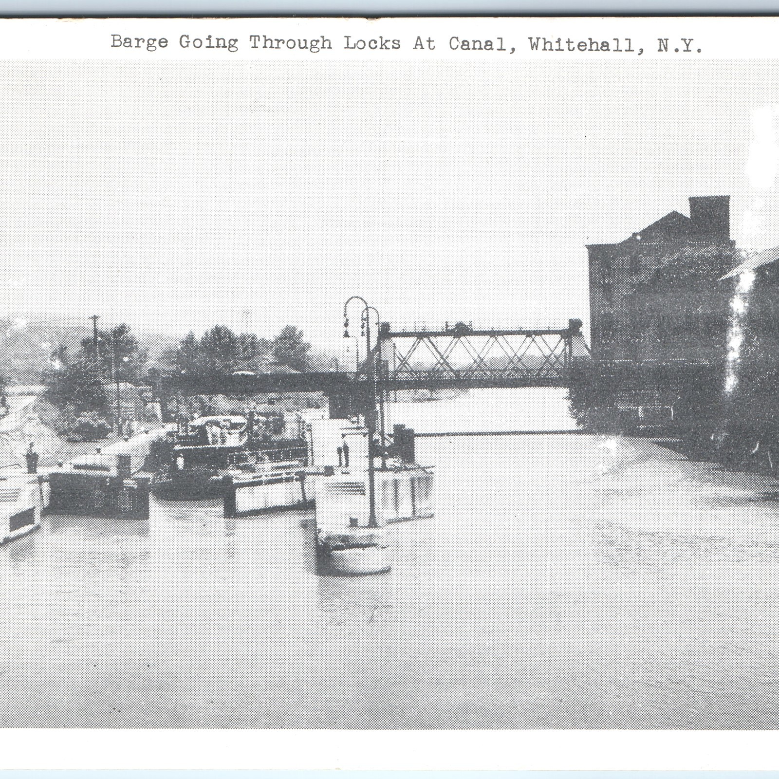 c1940s Whitehall NY Barge Canal Locks Postcard Bridge Factory Boat Fairbanks PC c1940s Whitehall NY Barge Canal Locks Postcard Bridge Factory Boat Fairbanks PC