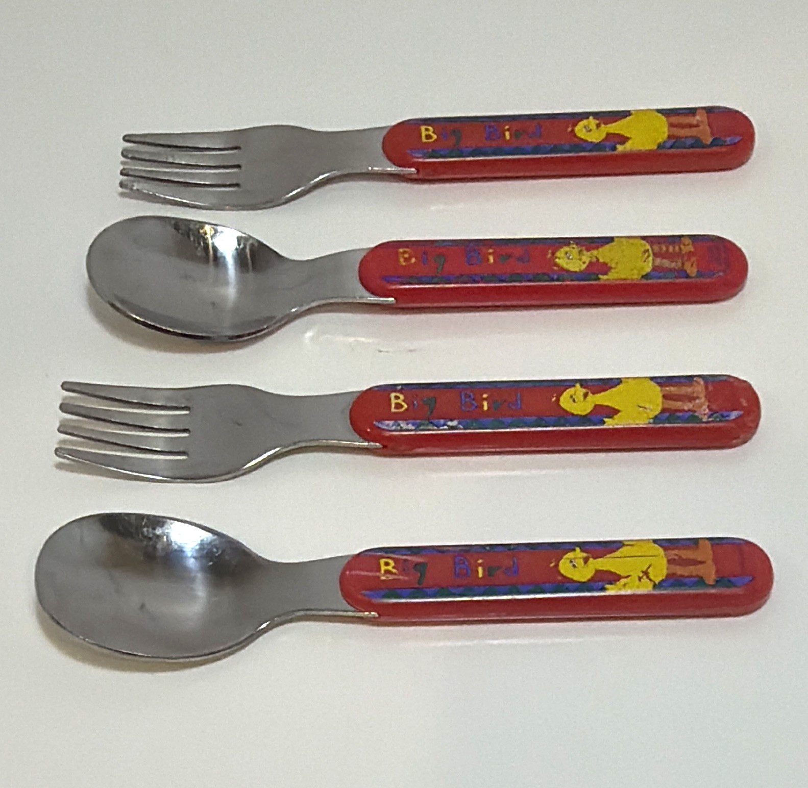 VINTAGE Sesame Street Big Bird Baby Spoon Fork Set Stainless Steel  Lot 4