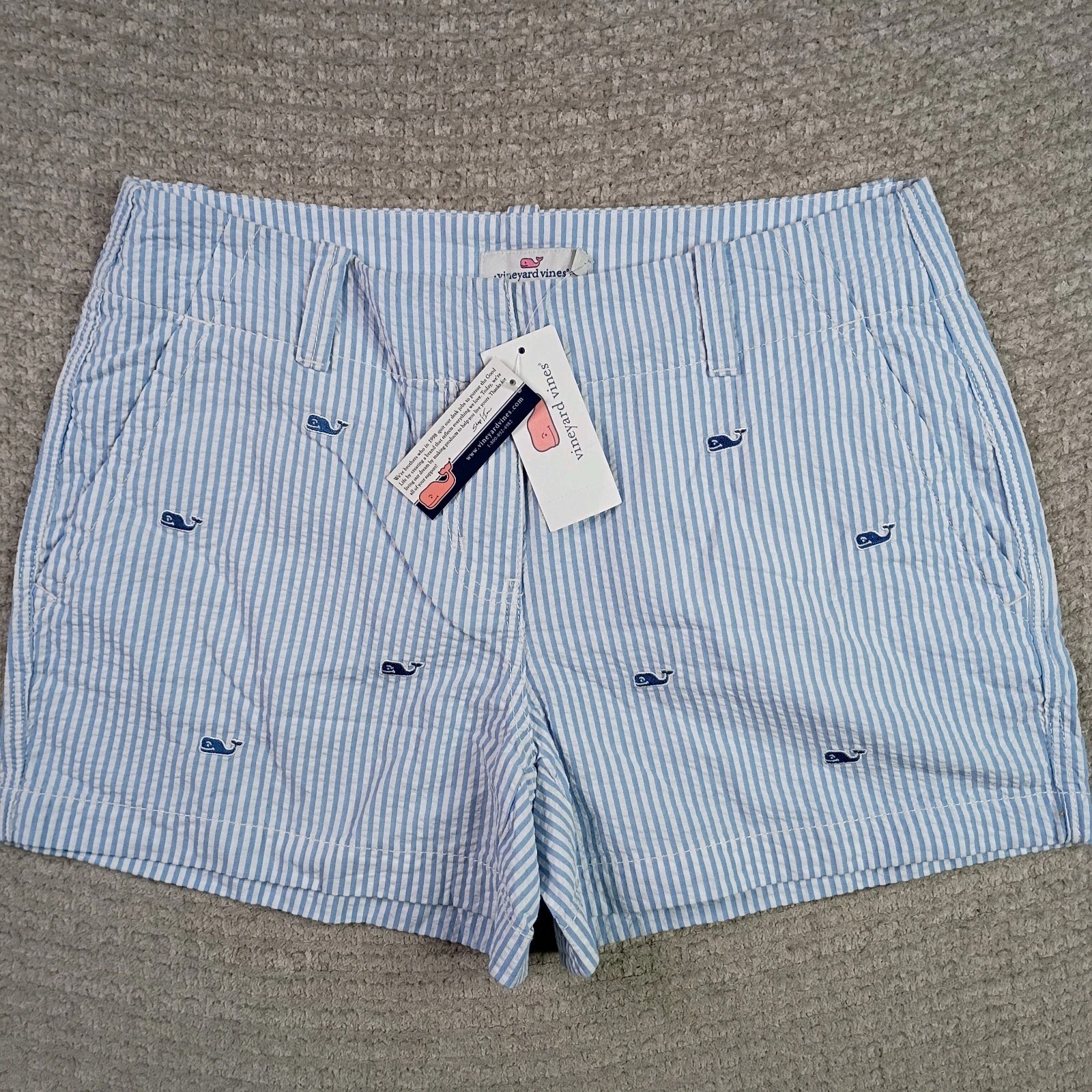 Vineyard Vines Blue Seersucker W/ Whale Detail Shorts 3.5”. NWT. Size 4