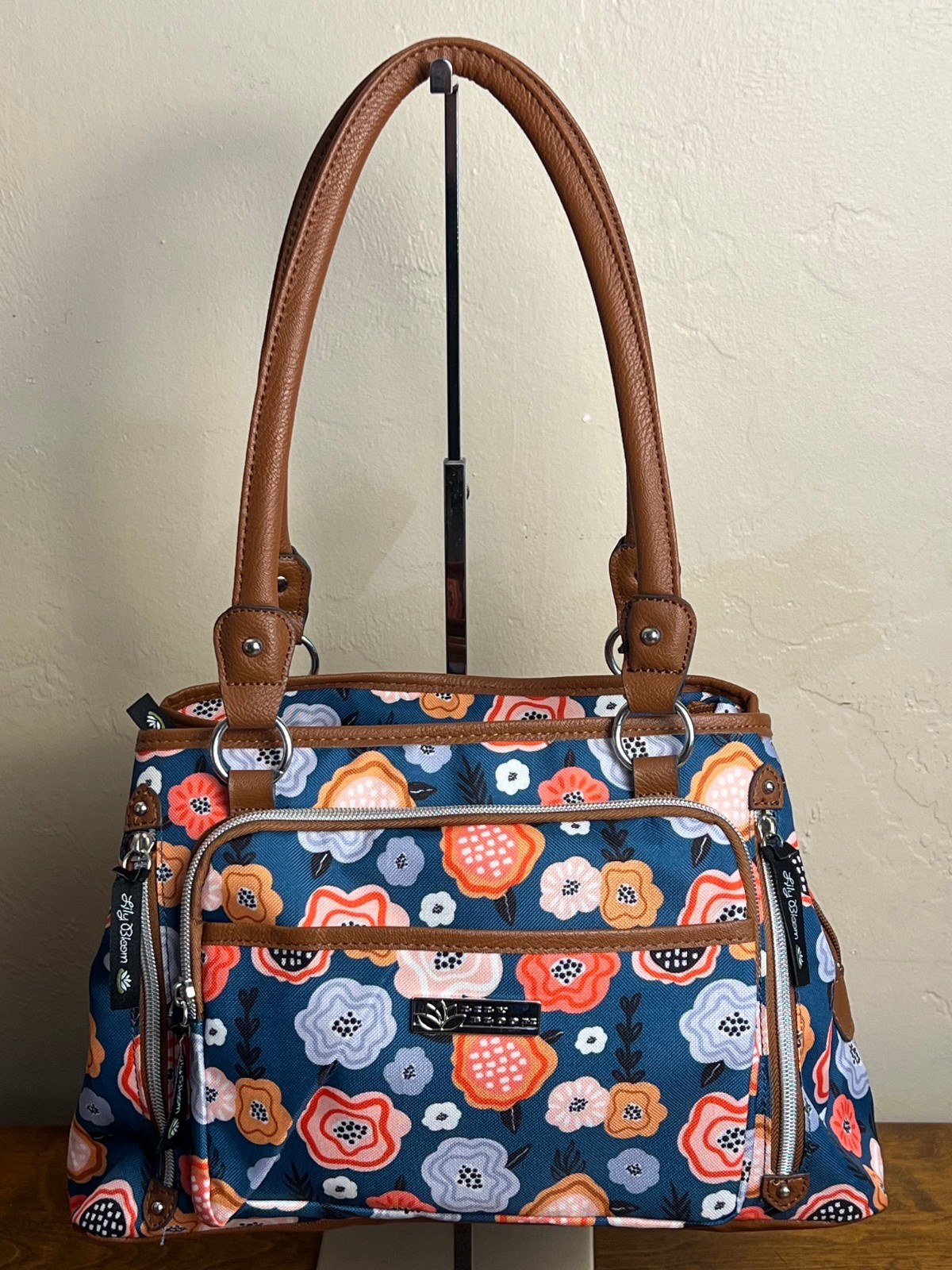 Lily Bloom Maggie Satchel, Eclectic Blue Floral Print, Faux Leather Handles, EUC Lily Bloom Maggie Satchel, Eclectic Blue Floral Print, Faux Leather Handles, EUC