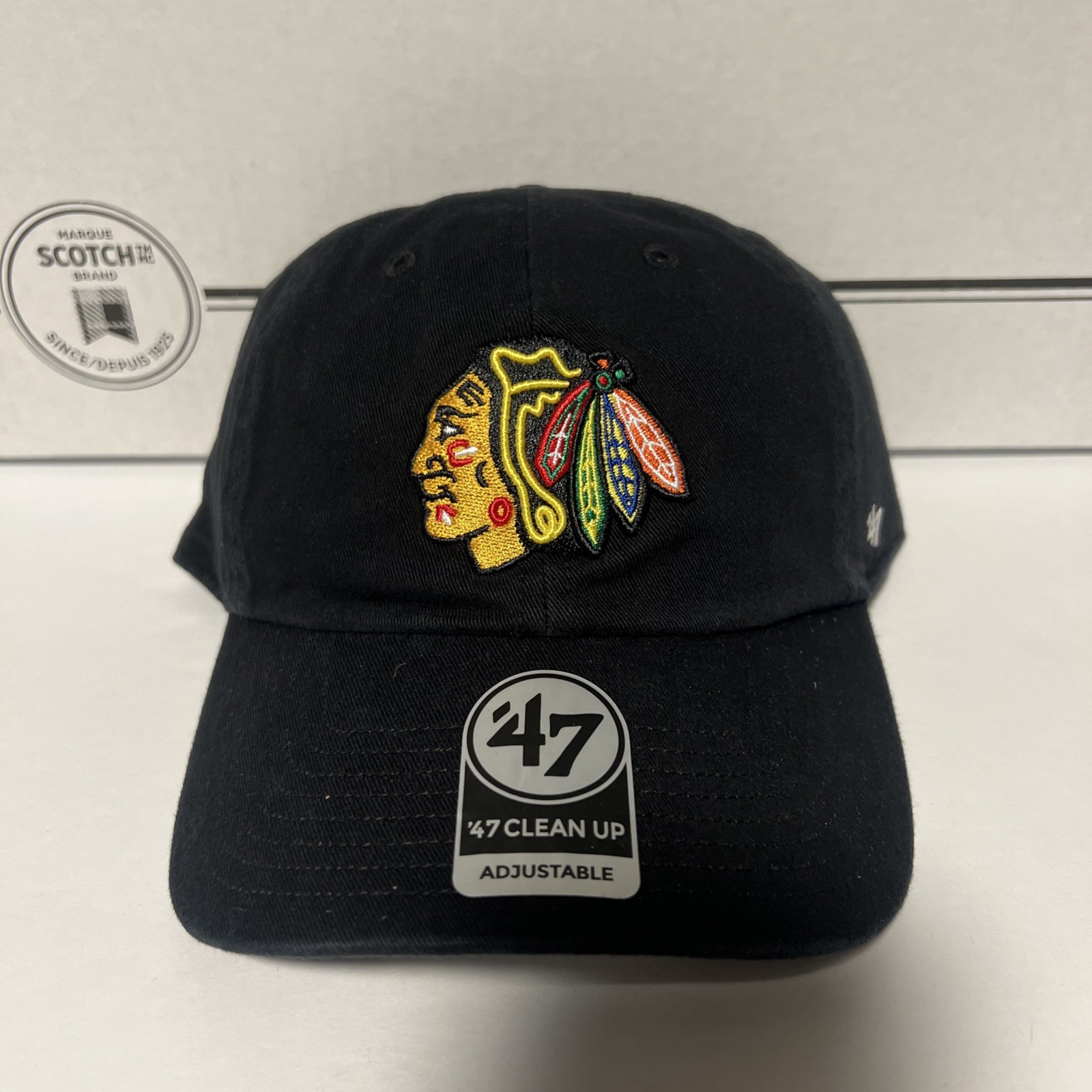 '47 Chicago Blackhawks Hat Clean Up Black Adjustable Strap Dad Cap Logo