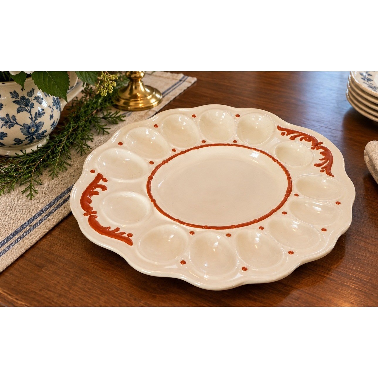 VTG 1981 Signed Ceramic Deviled Egg Platter 12 Slot Scalloped Edge cottagecore VTG 1981 Signed Ceramic Deviled Egg Platter 12 Slot Scalloped Edge cottagecore