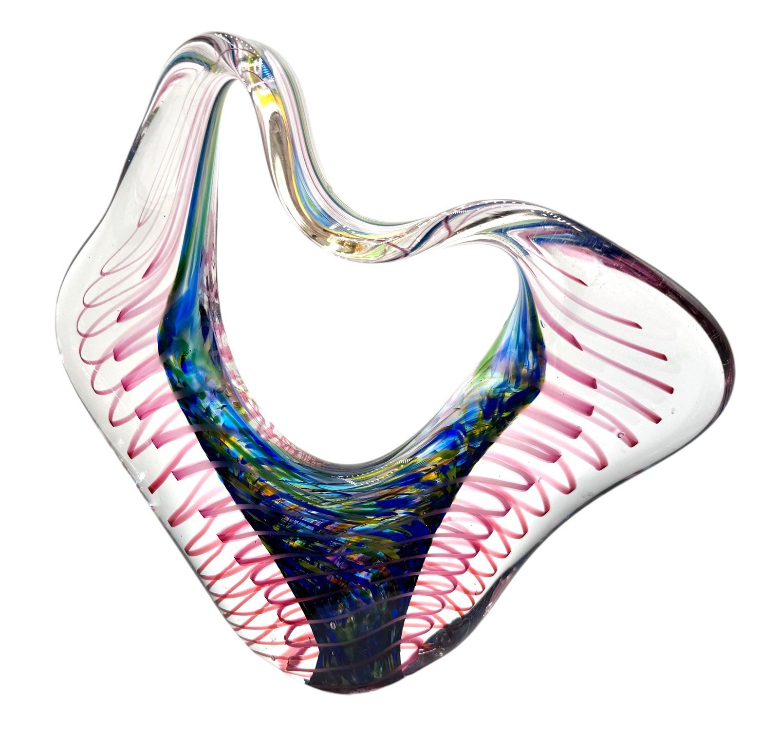 Signed Studio Art Glass Sculpture Freeform Loop Blue Pink Cellular One Trophy 9”