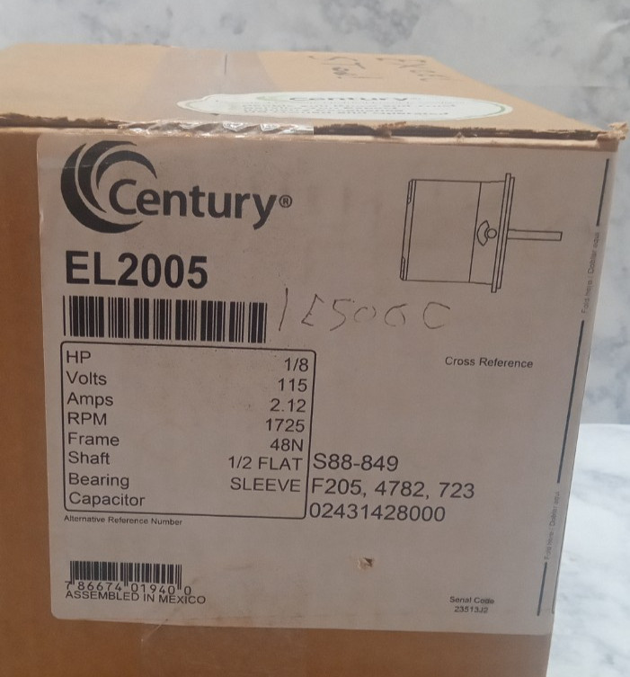 CENTURY S88-849 EL2005 1/8 HP, 115V, 1725 RPM, BLOWER MOTOR NEW CENTURY S88-849 EL2005 1/8 HP, 115V, 1725 RPM, BLOWER MOTOR NEW