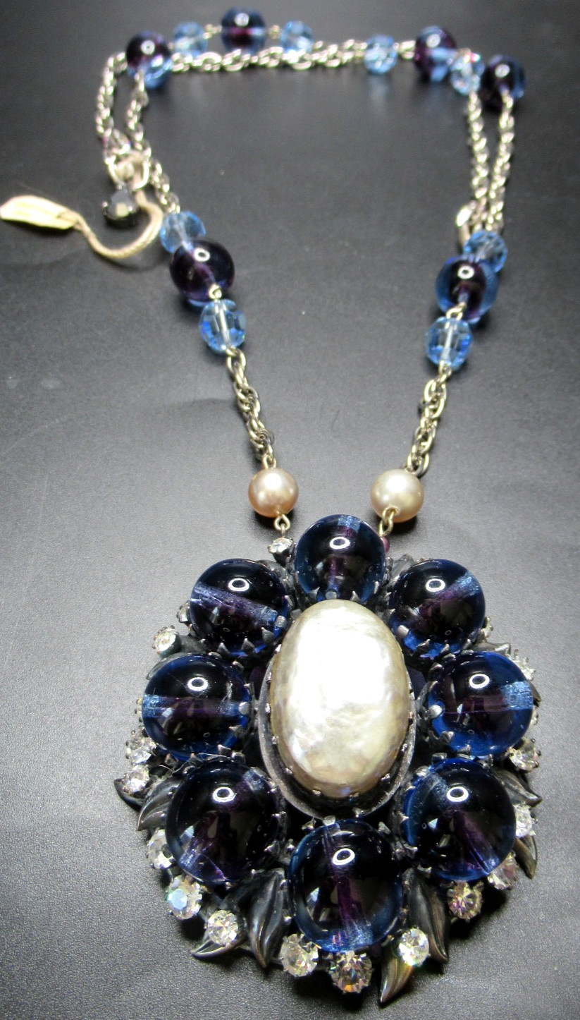 CHRISTIAN DIOR Vintage Givre Purple Blue Glass Baroque Pearl Necklace W/ Tag