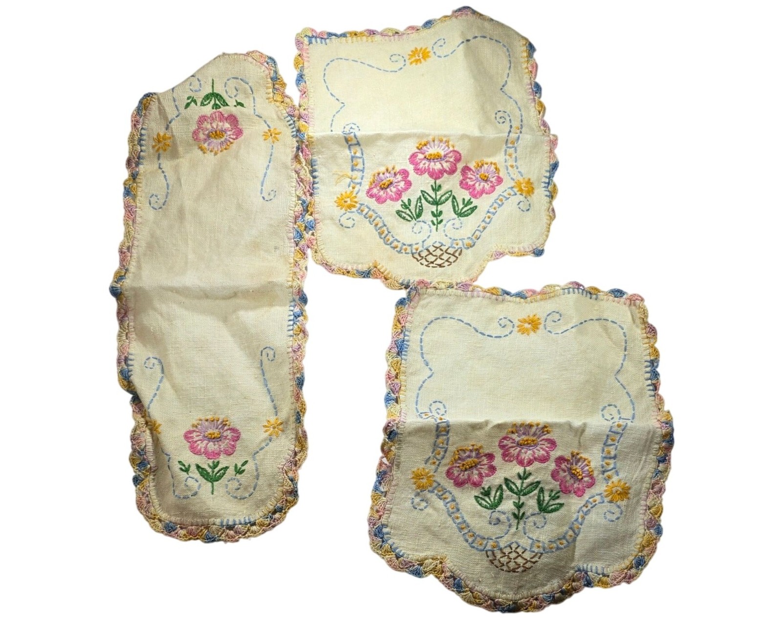 Vtg Hand-Embroidered Floral Dresser Scarf Set Crocheted Edges 3 pieces granny Vtg Hand-Embroidered Floral Dresser Scarf Set Crocheted Edges 3 pieces granny