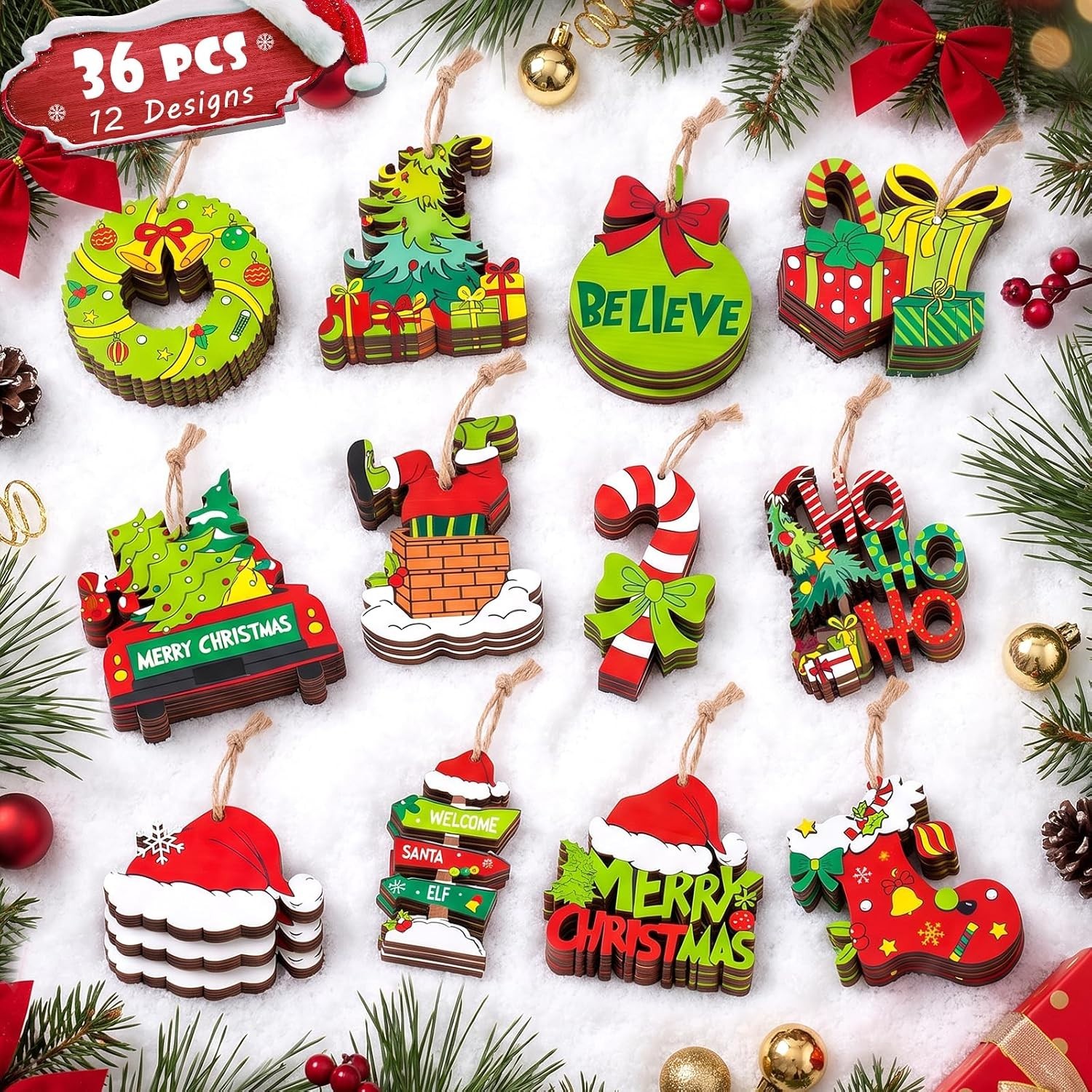 Set of 36 Wooden Christmas Decorations - Perfect for Festive Holiday Displays