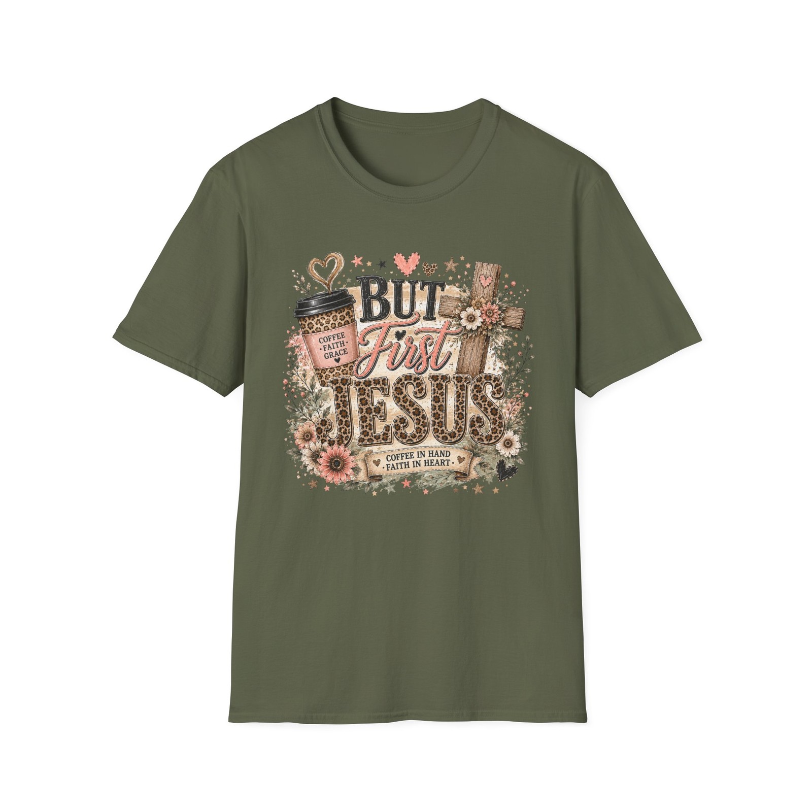But First Jesus T-Shirt | Faith Cross Coffee Floral Christian Tee
