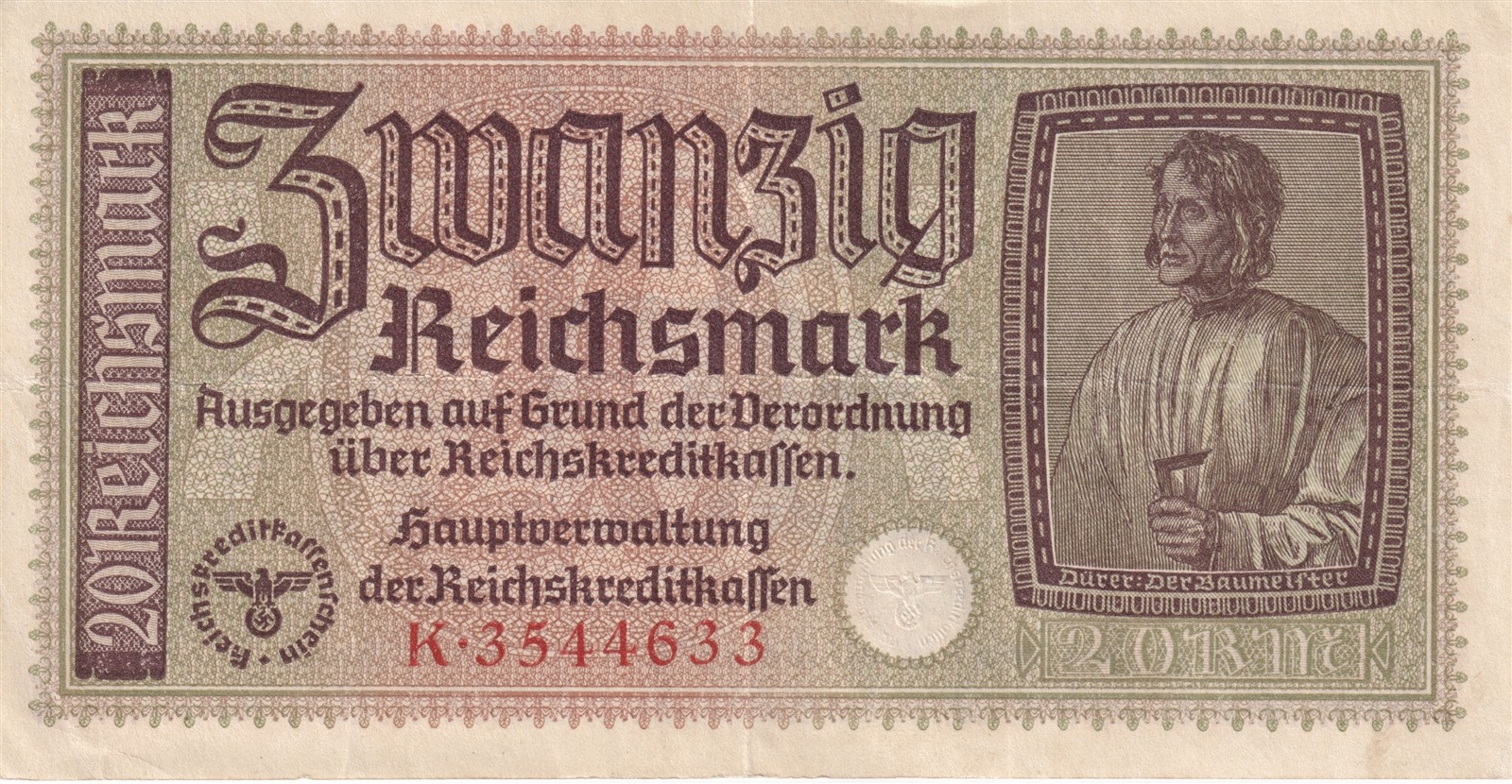 Currency Germany 1940 WW2 Fascism War Era 20 Reichsmark Zwanzig Uncirculated