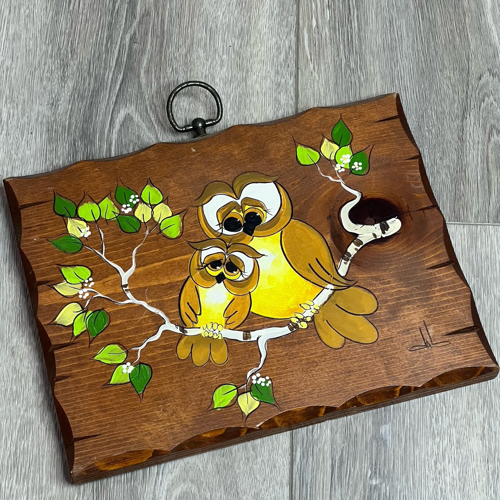Vintage Hand Painted Owls Wooden Plaque Artist Signed Cottagecore 70s MCM