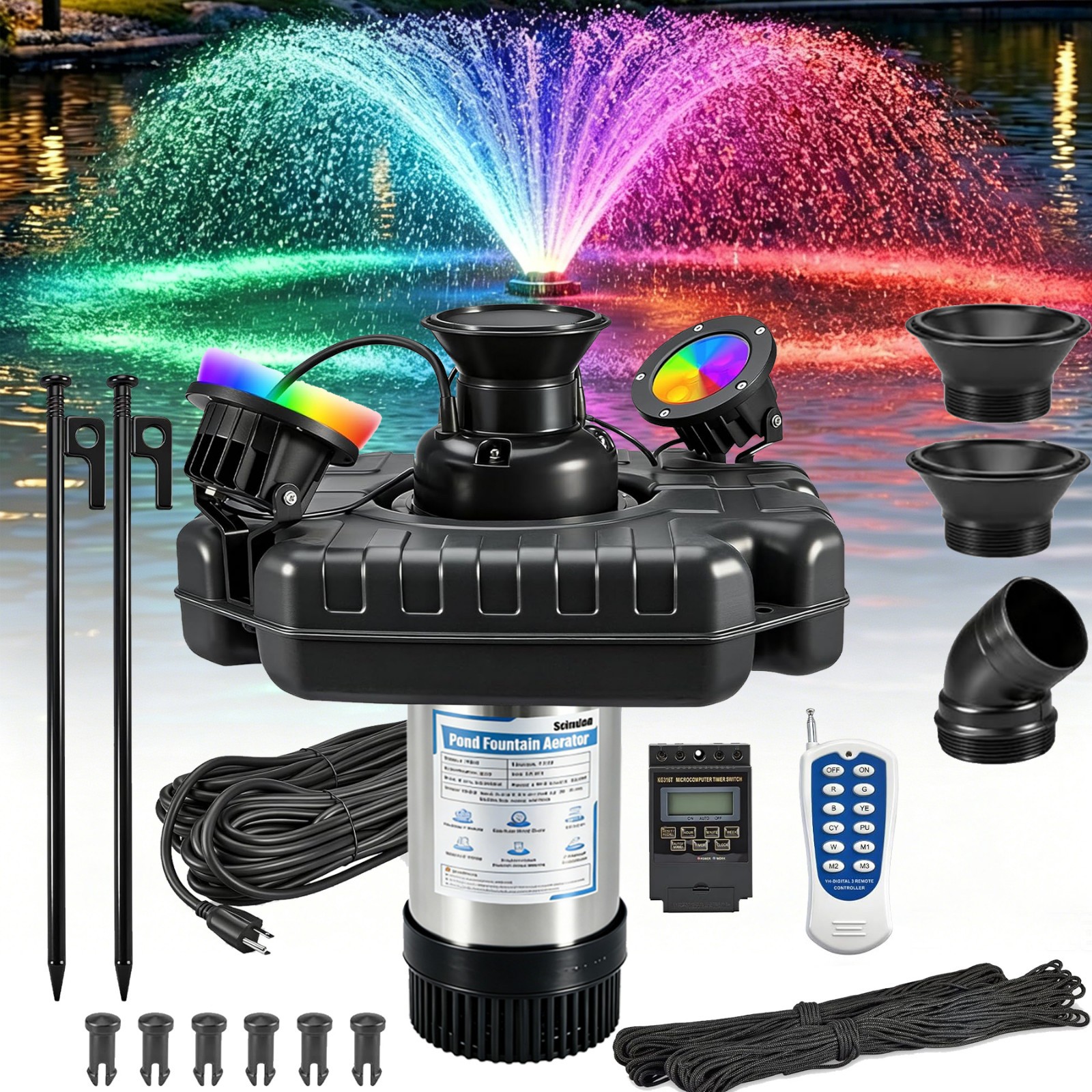750W Pond Fountain Aerator w/2 Color-Changing LED Lights, 15000GPH, 16.4FT Lift