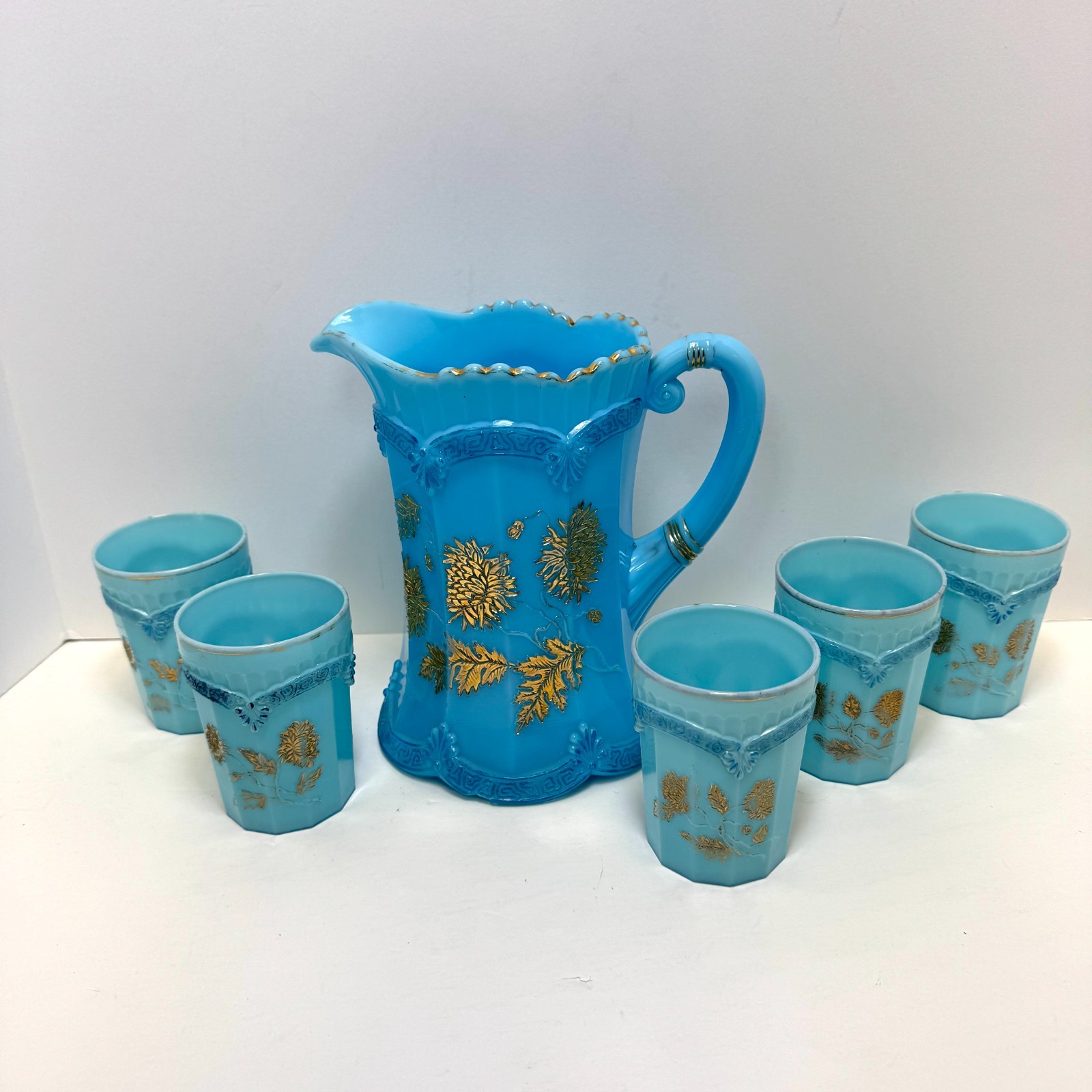 Antique Northwood Pagoda Blue Chrysanthemum Sprig Pitcher 5 Tumblers EAPG