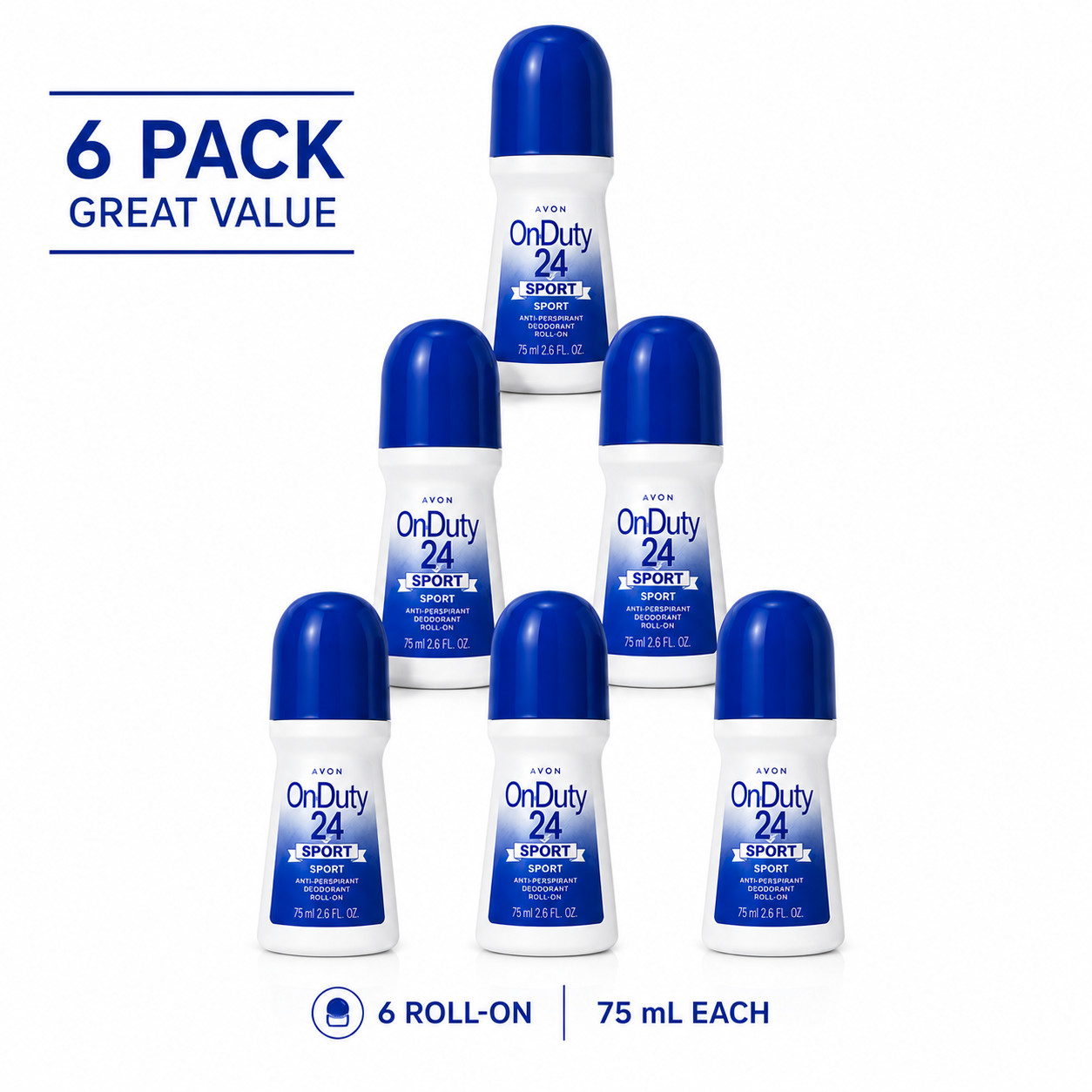 Avon OnDuty 24 Sport Roll-On Antiperspirant Deodorant 6 Pack 75ml Fresh