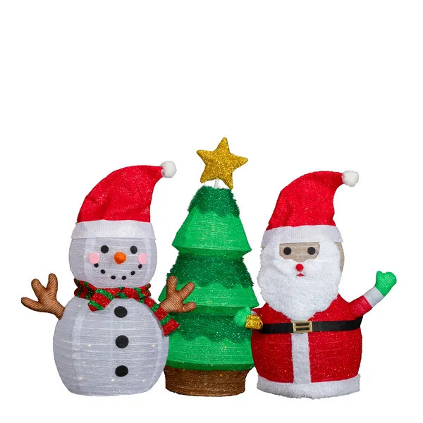 Set Of 3 Lighted Santa And Snowman And Xmas Tree Christmas Decorations, Pre-lit
