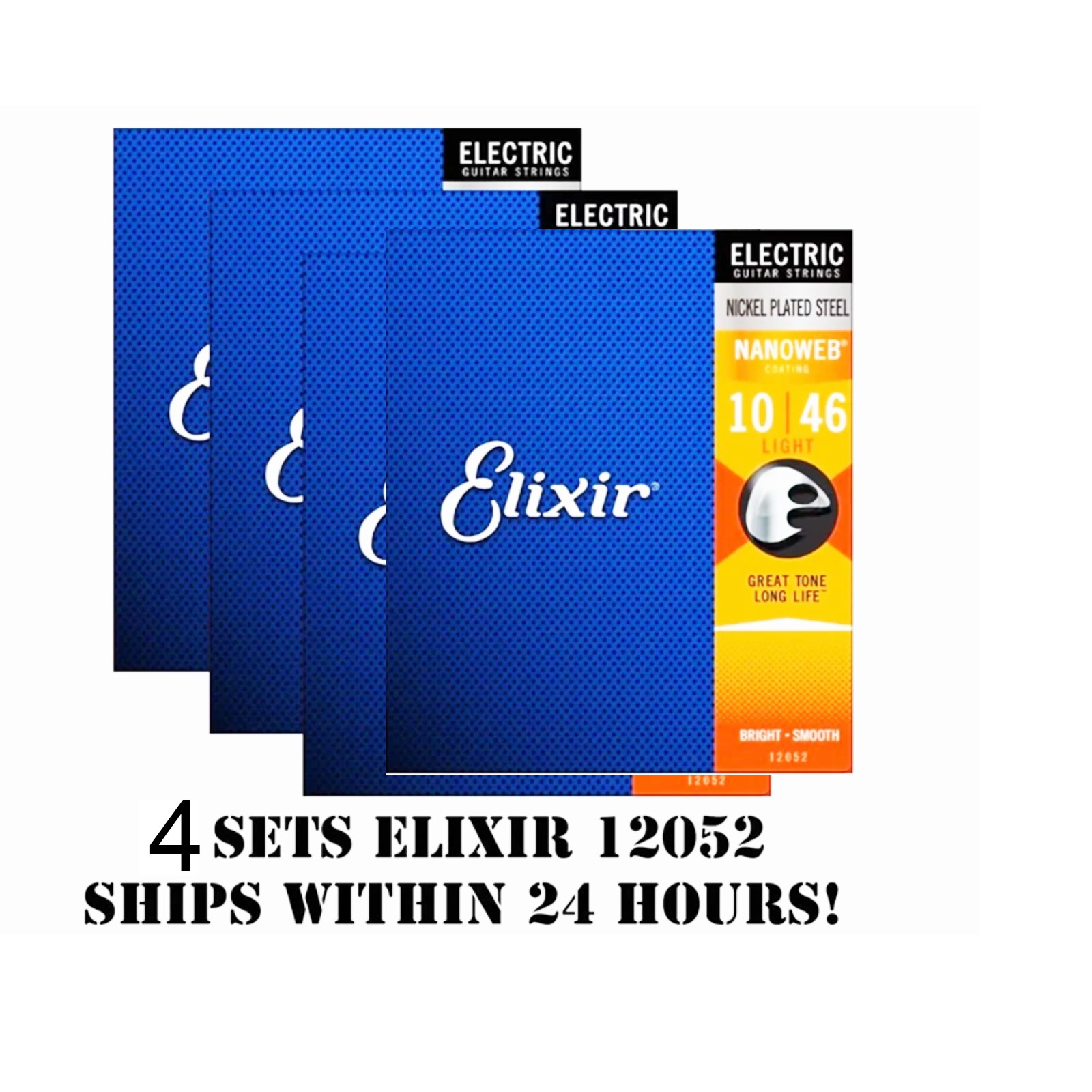 4 SETS ELIXIR NANOWEB 12052 NICKEL PLATED ELECTRIC GUITAR STRINGS LIGHT -10-46