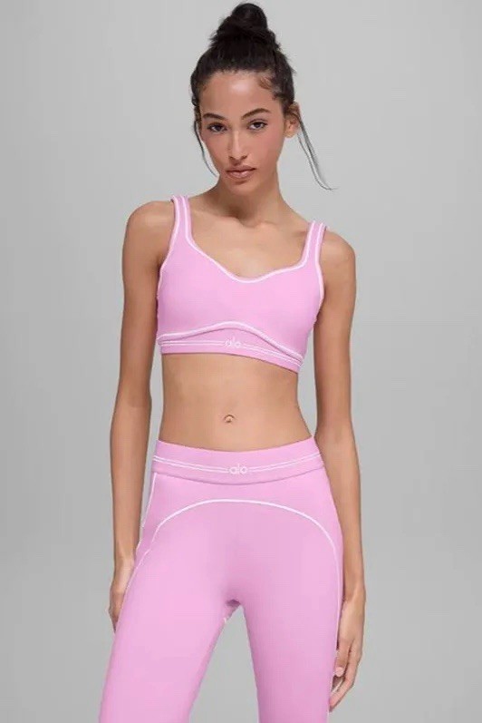 Alo Women’s Pink/White Trim 2-Piece Leggings & Sports Bra Set Stretch Size M Alo Women’s Pink/White Trim 2-Piece Leggings & Sports Bra Set Stretch Size M