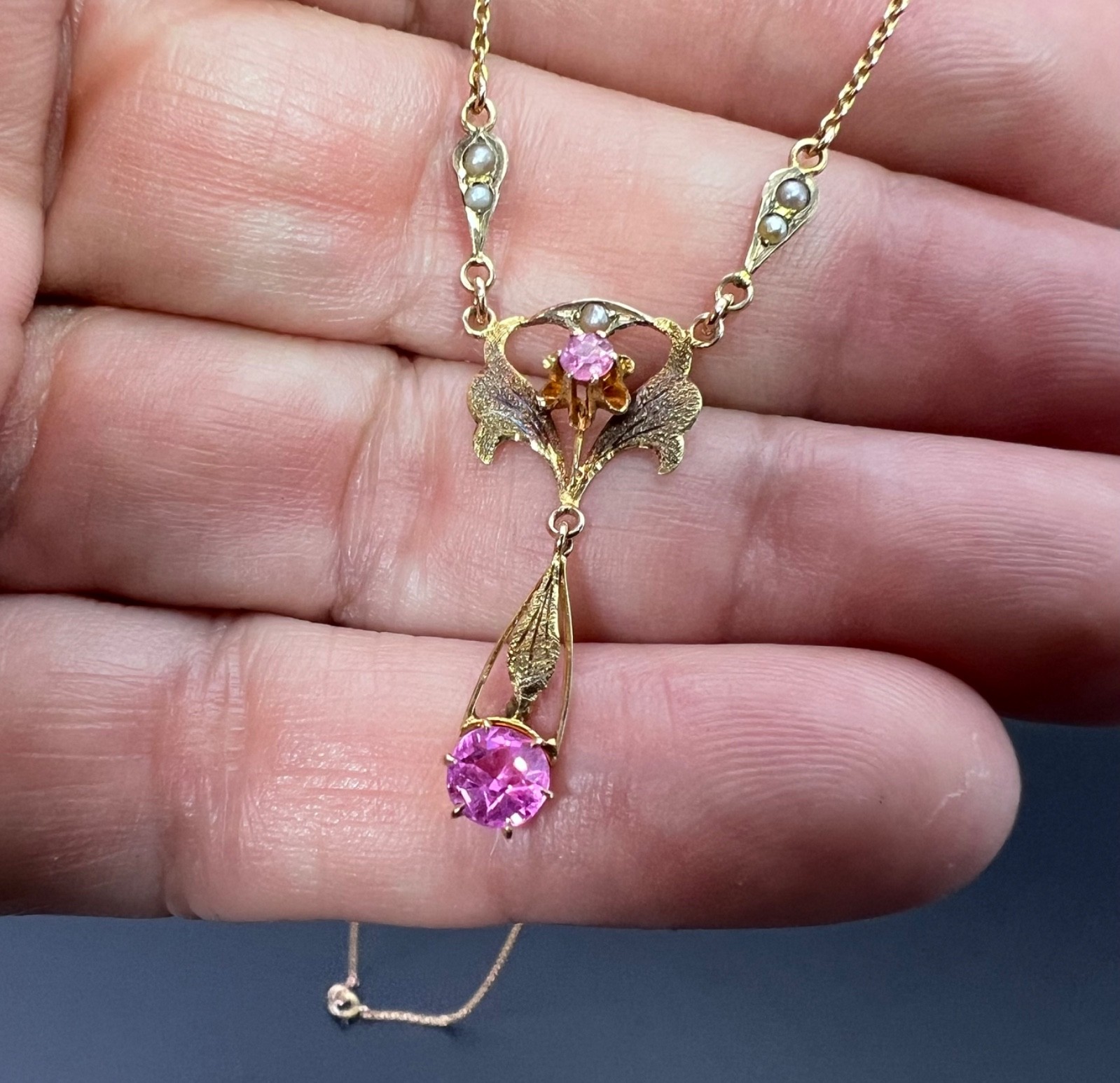 Victorian Art NOUVEAU Lavalier Necklace 10k Gold Pink Stones Seed Pearls