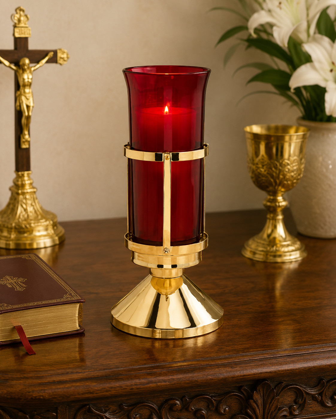 Standing Brass and Ruby Red Glass Globe Sanctuary Light Holder for Church 13 In