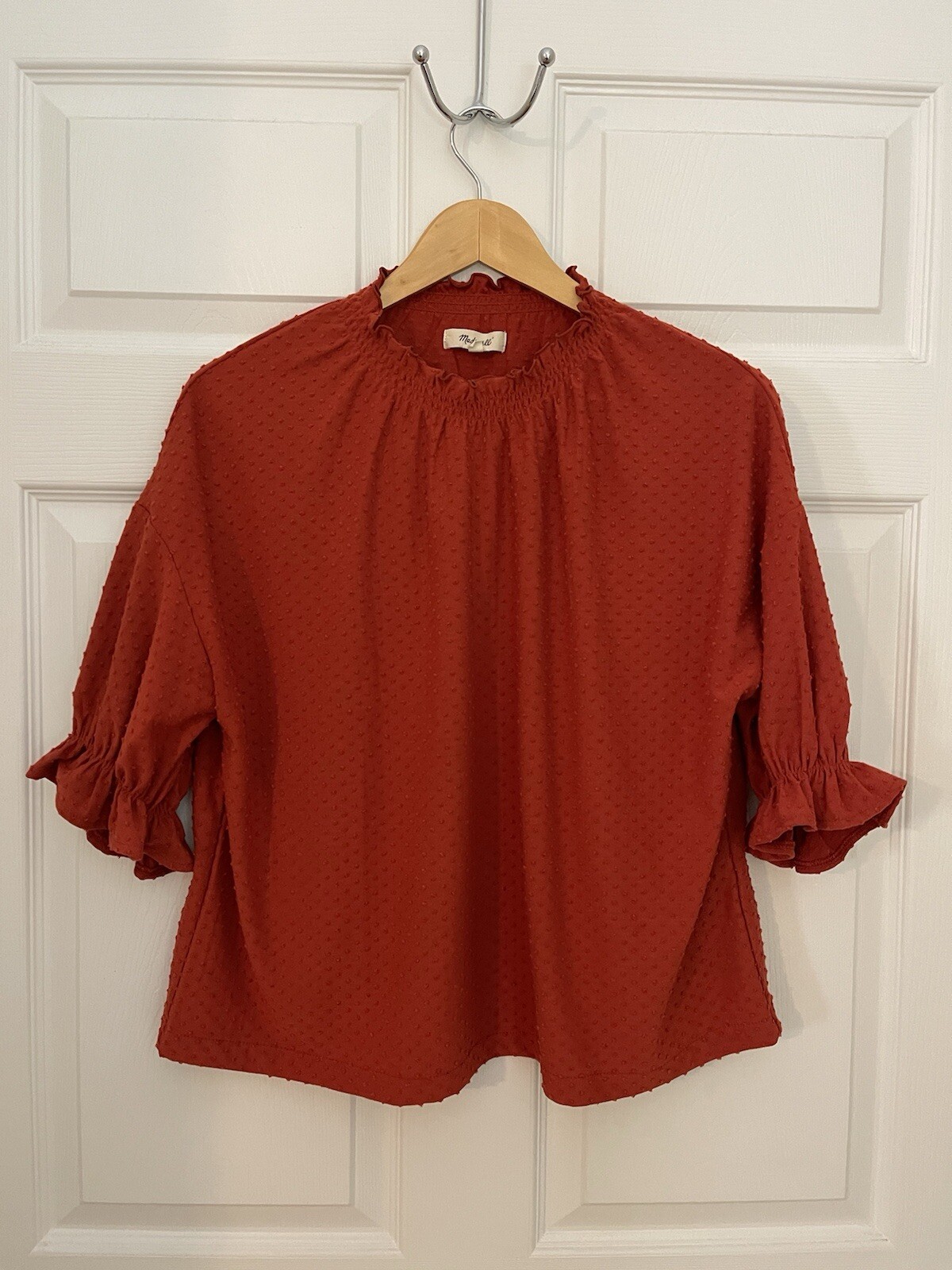 Madewell Womens M Cinnamon Burnt Orange Mock Ruffle Neck Prairie Top Madewell Womens M Cinnamon Burnt Orange Mock Ruffle Neck Prairie Top