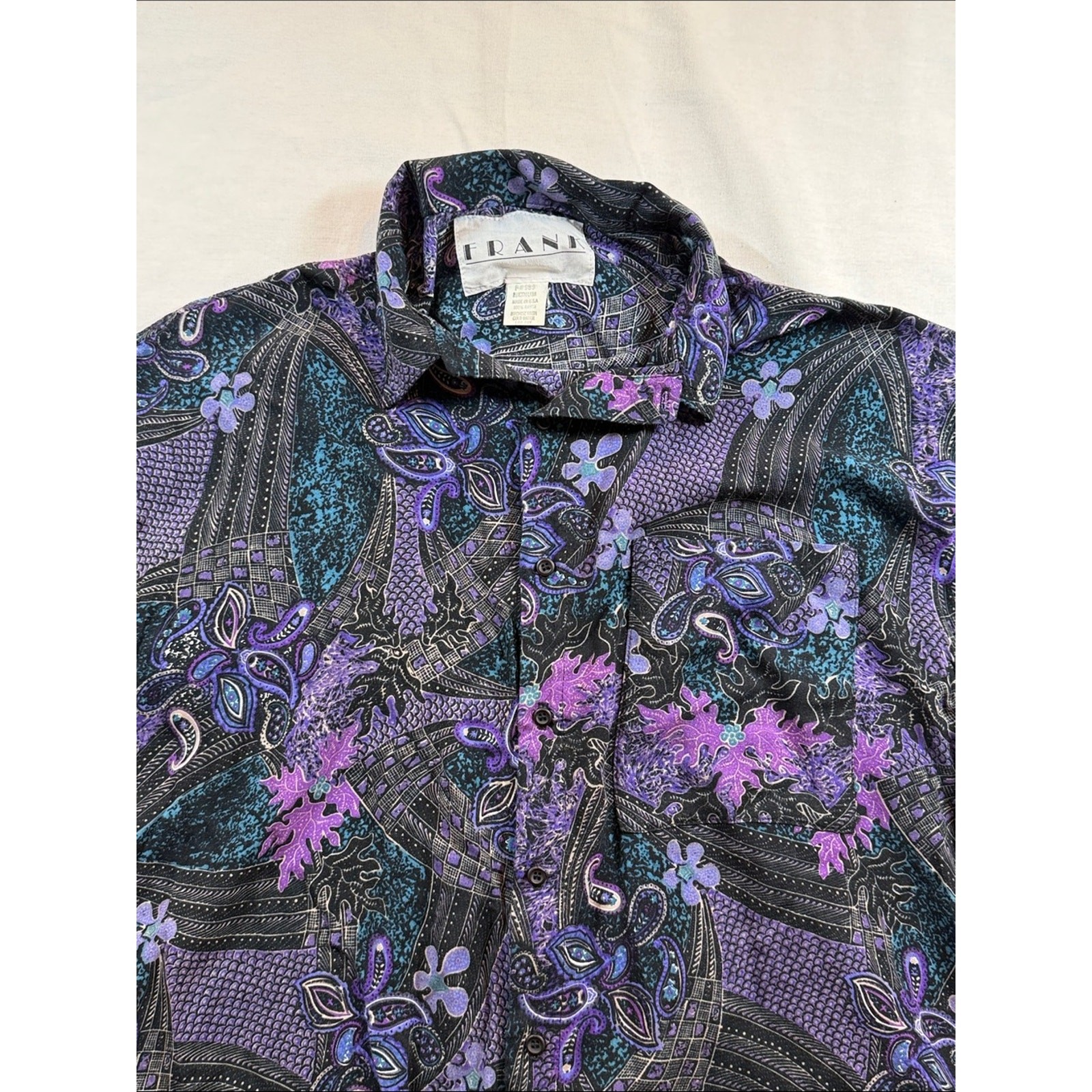 90s Vintage Frank Paisley Rayon Short Sleeve Button Down Shirt Purple Teal M