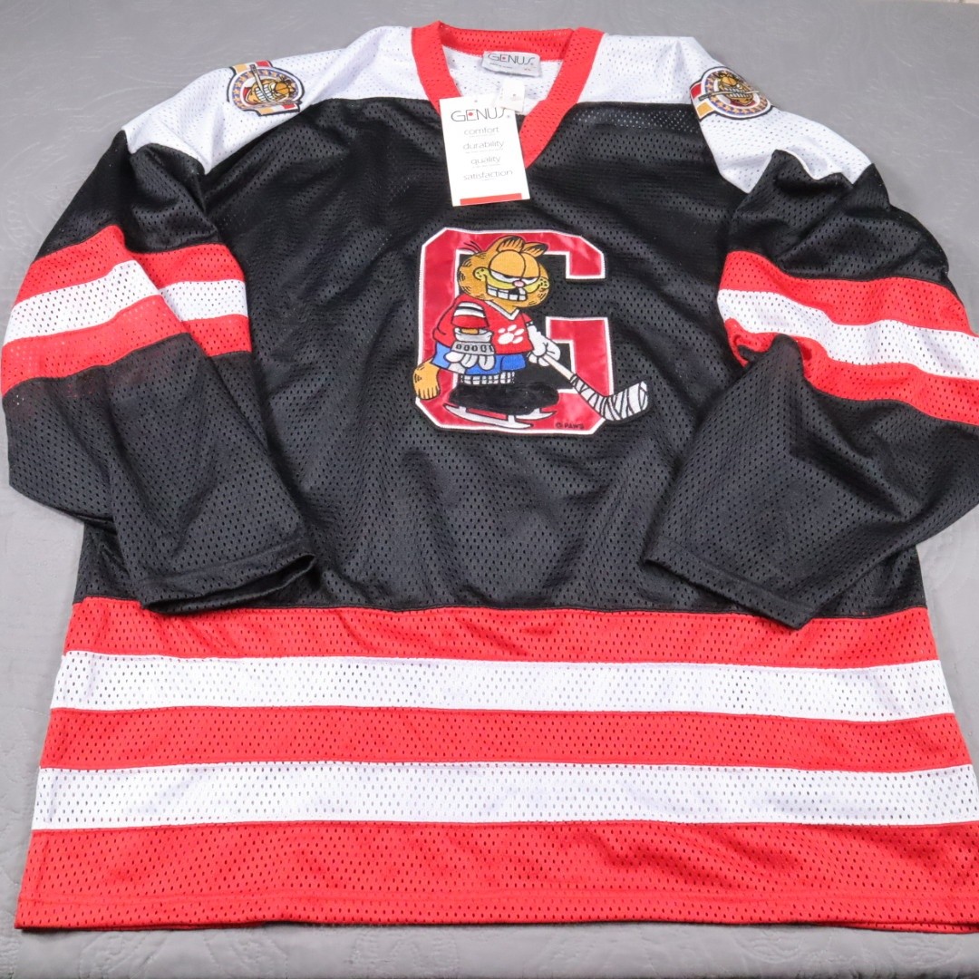 VTG Garfield Hockey Jersey Genus Shirt Mens XL Black Red Mesh Graphic Genius