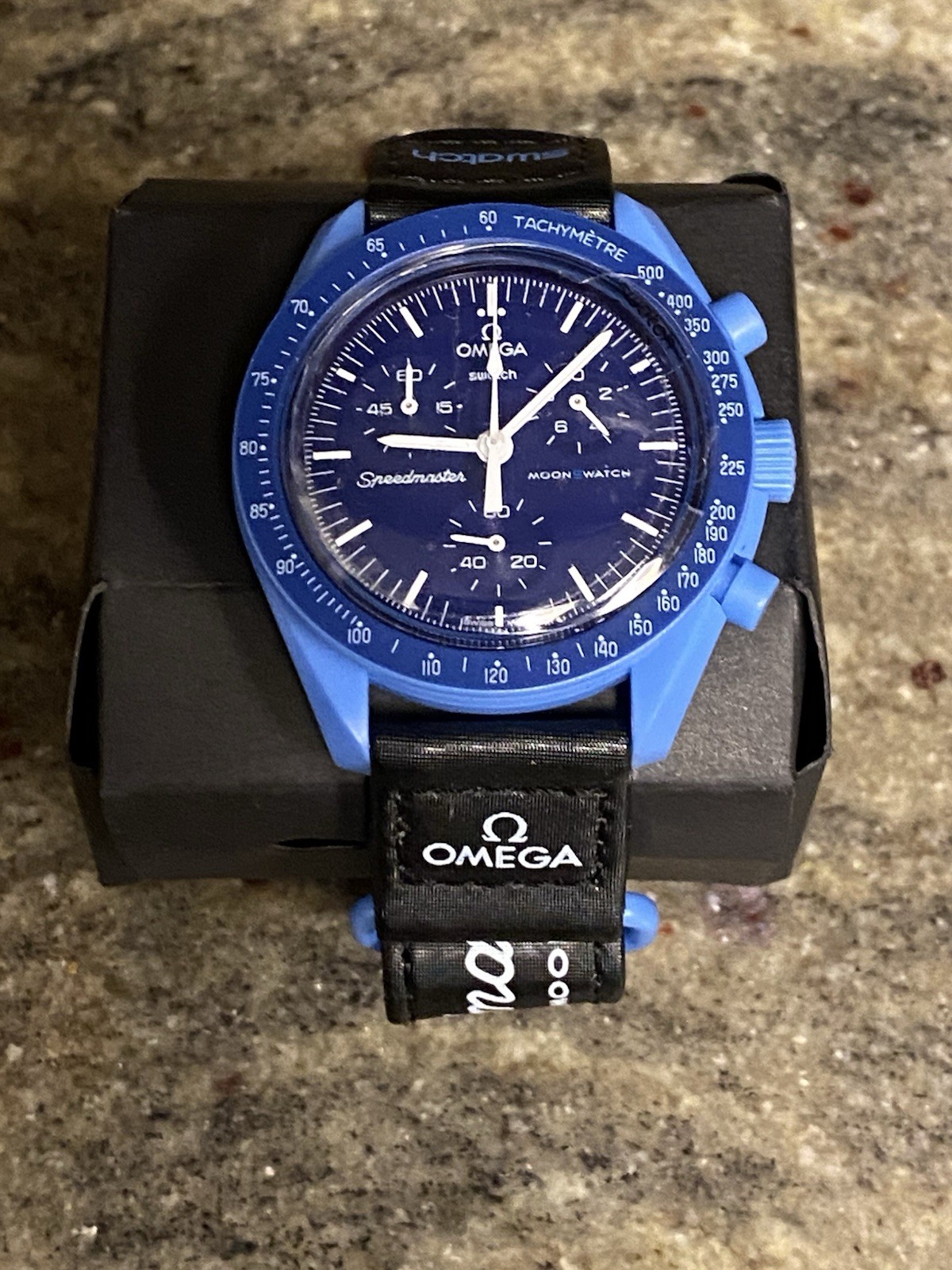 OMEGA x Swatch Bioceramic MoonSwatch Blue Quartz Chronograph Black Strap Box