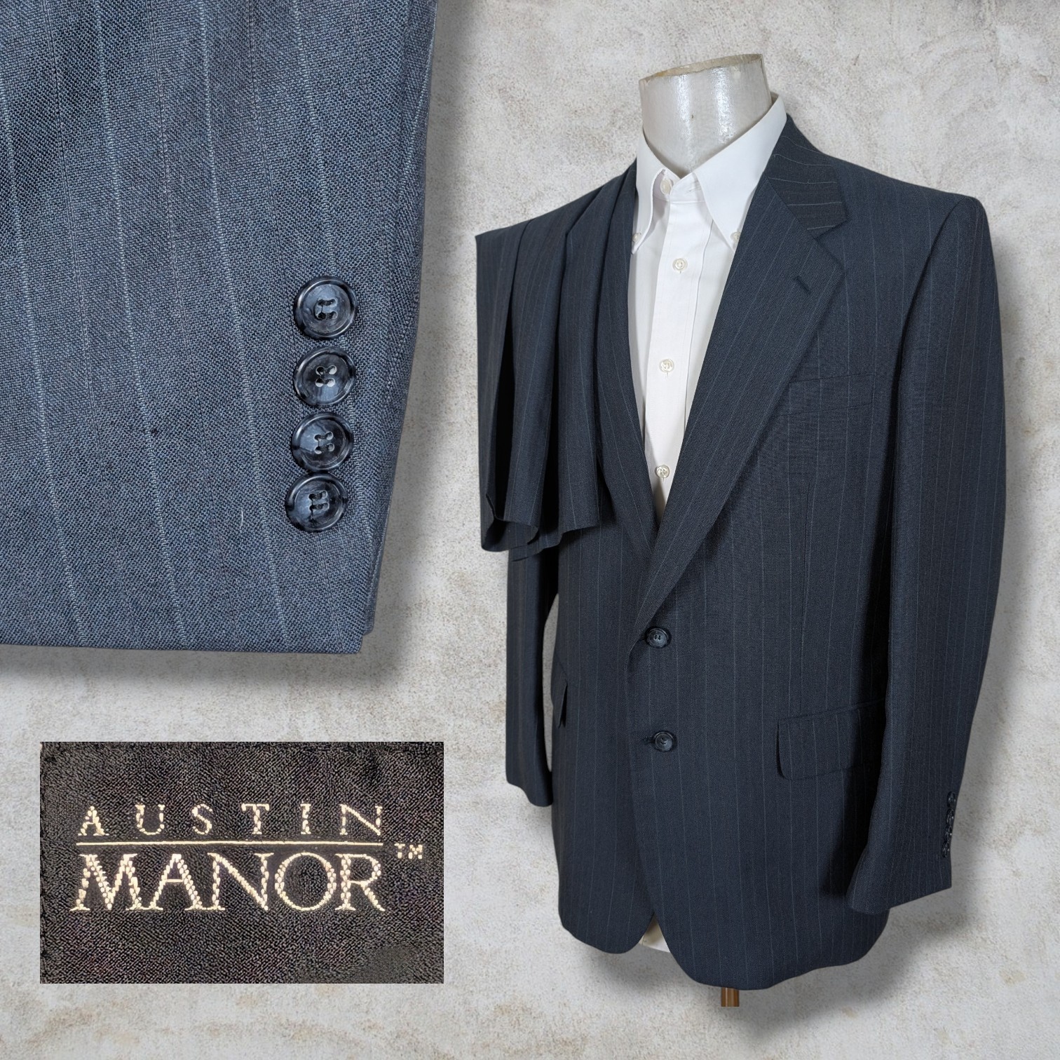 Vintage Austin Manor 2 Piece Suit Mens 42R Pants 34x32 Blue Stripe Wool Blend Vintage Austin Manor 2 Piece Suit Mens 42R Pants 34x32 Blue Stripe Wool Blend