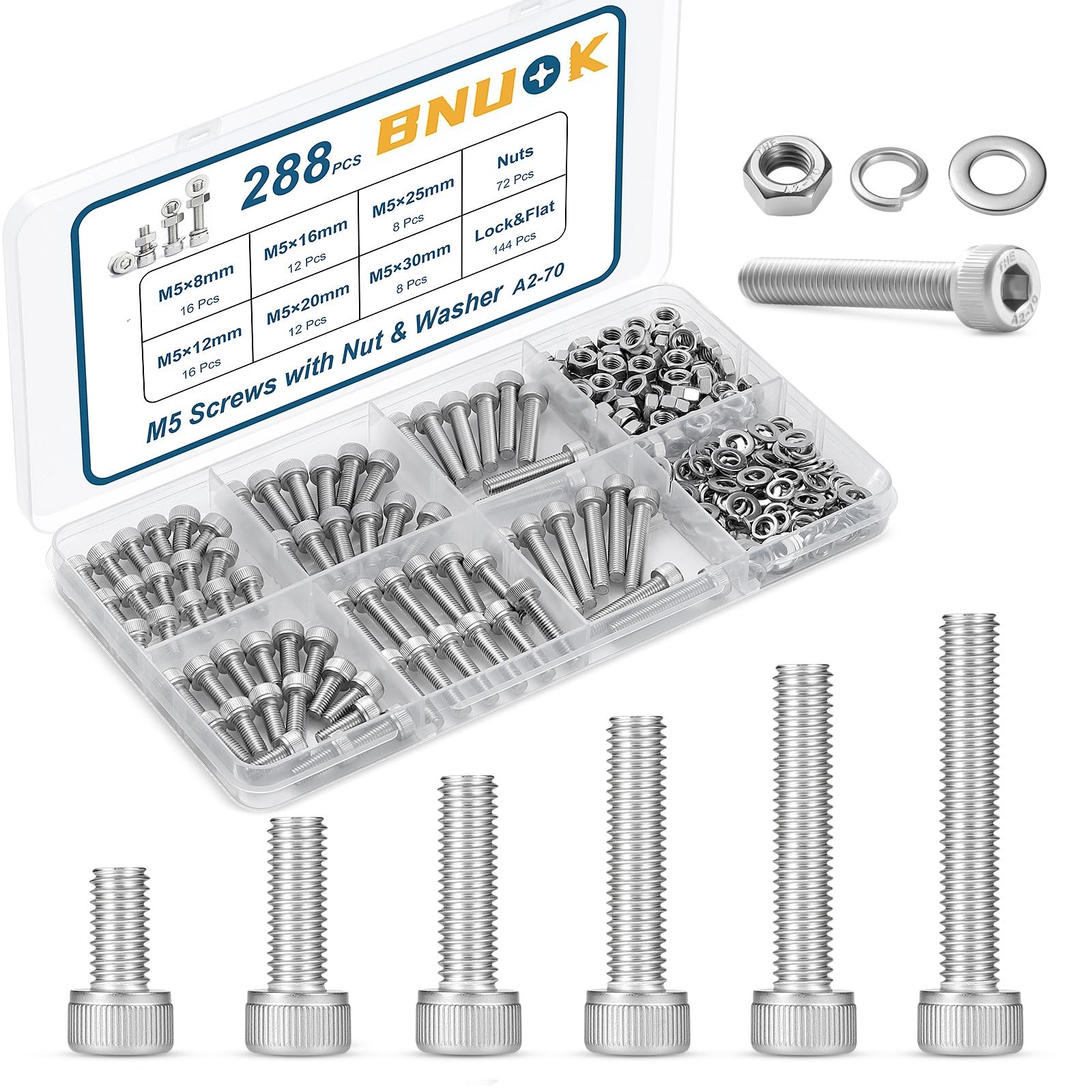 BNUOK 288 PCS M5 Screws Assortment Kit, 304 Stainless Steel M5 Bolts Kit, M5x...
