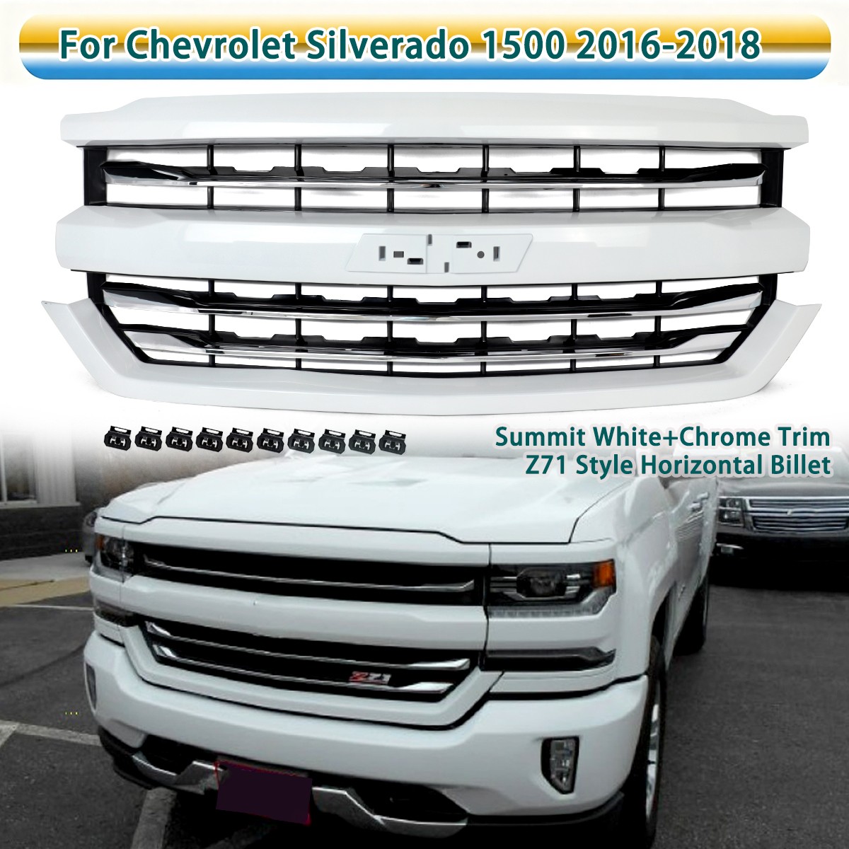 For 2016-18 Chevy Silverado 1500 Z71 Summit White+Chrome Trim Front Upper Grille