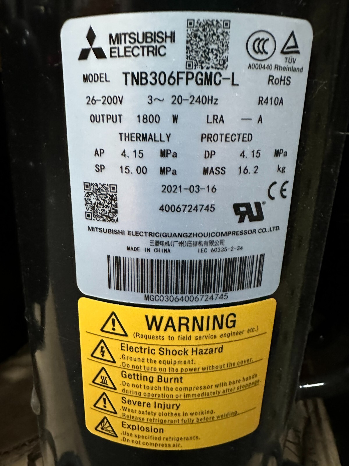 Mitsubishi Compressor TNB306FPGMC-L