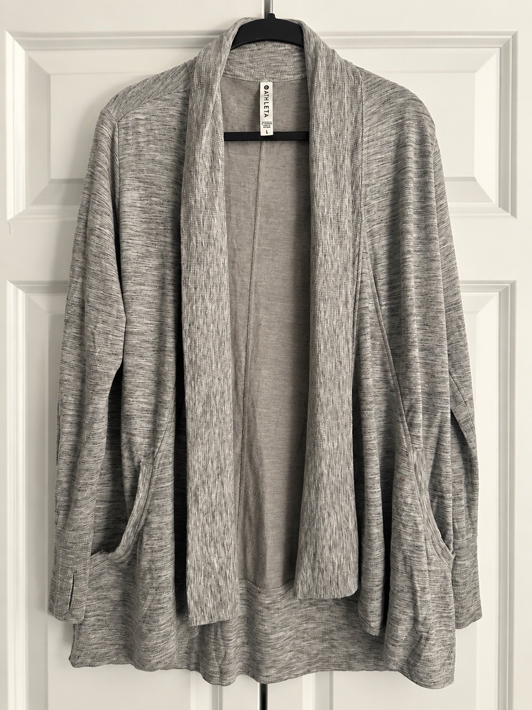 Athleta Cardigan Women’s Large Gray Heather Open Front Long Pocket Sweater Athleta Cardigan Women’s Large Gray Heather Open Front Long Pocket Sweater