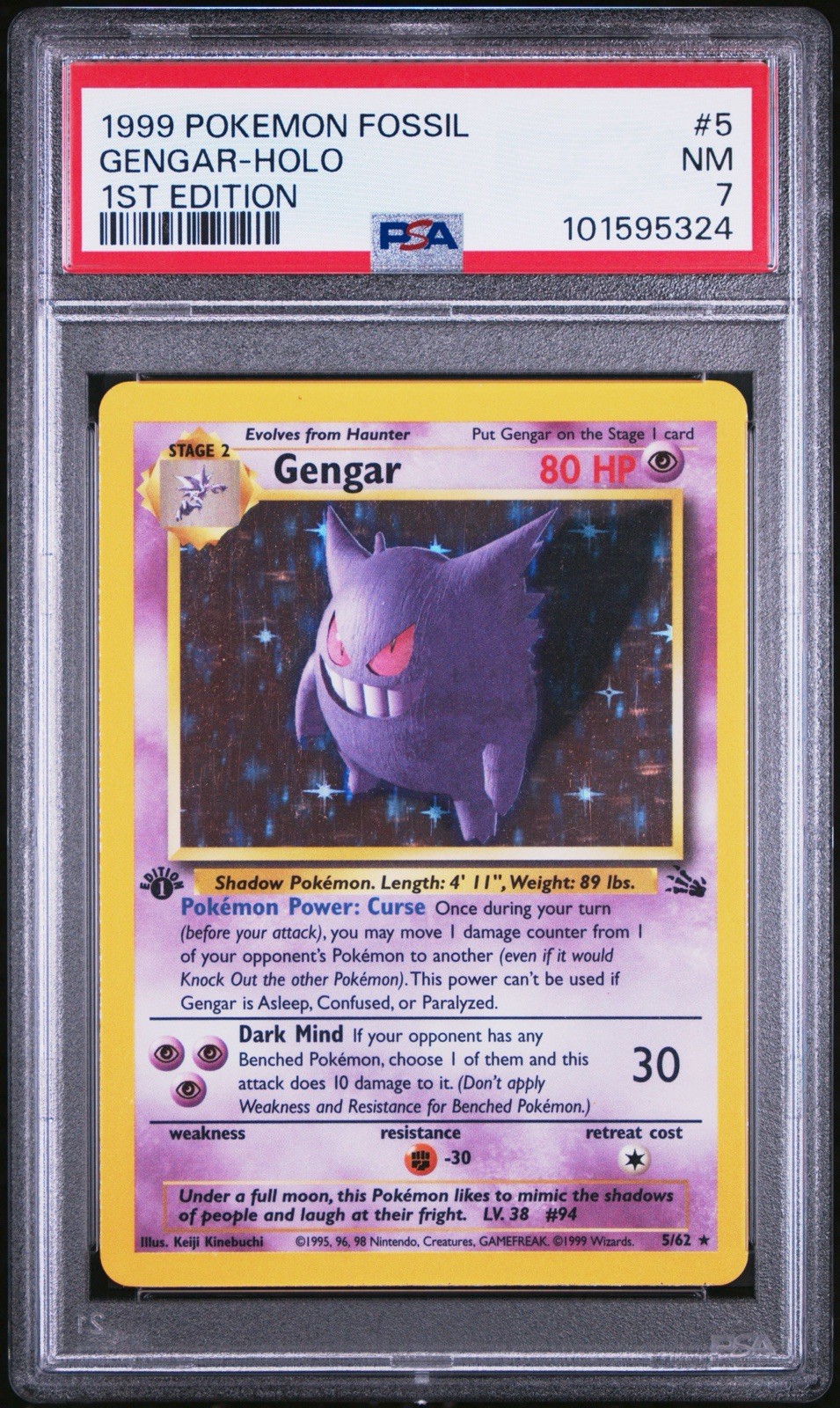 1999 Pokemon Fossil 1st Edition Gengar Rare Holo #5/62 PSA 7 1999 Pokemon Fossil 1st Edition Gengar Rare Holo #5/62 PSA 7