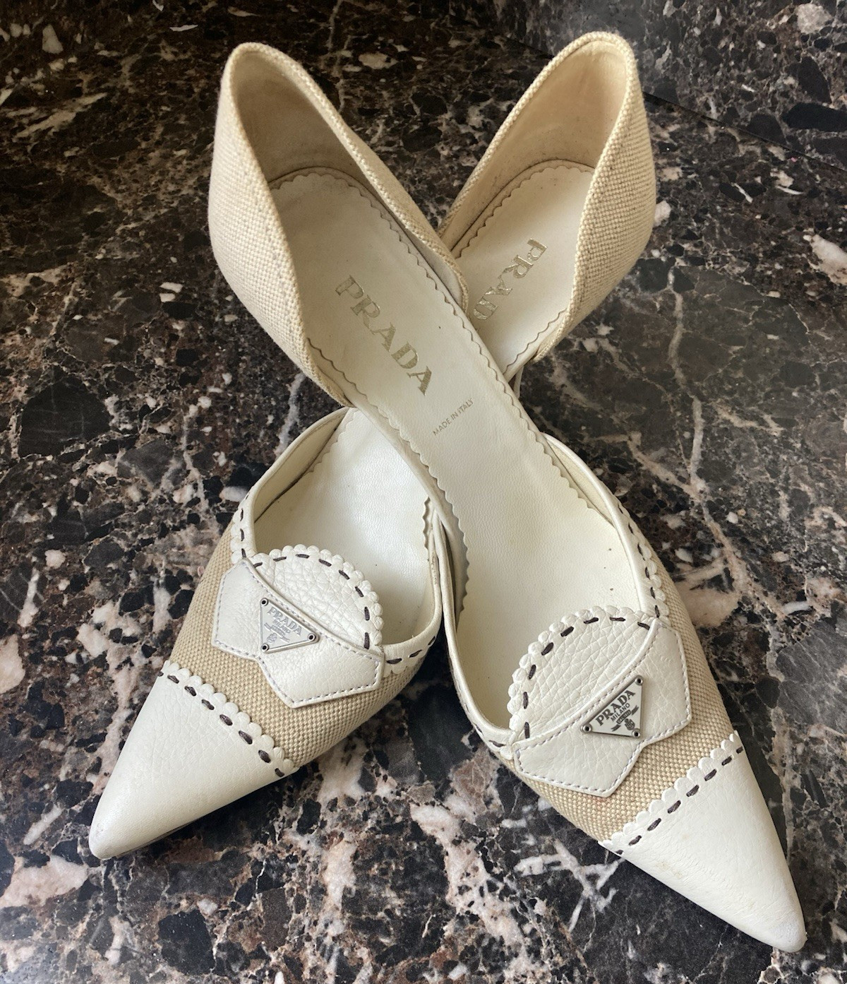 PRADA Women’s D’Orsay Toe Kitten Heel Pumps Canvas Leather 39.5 PRADA Women’s D’Orsay Toe Kitten Heel Pumps Canvas Leather 39.5