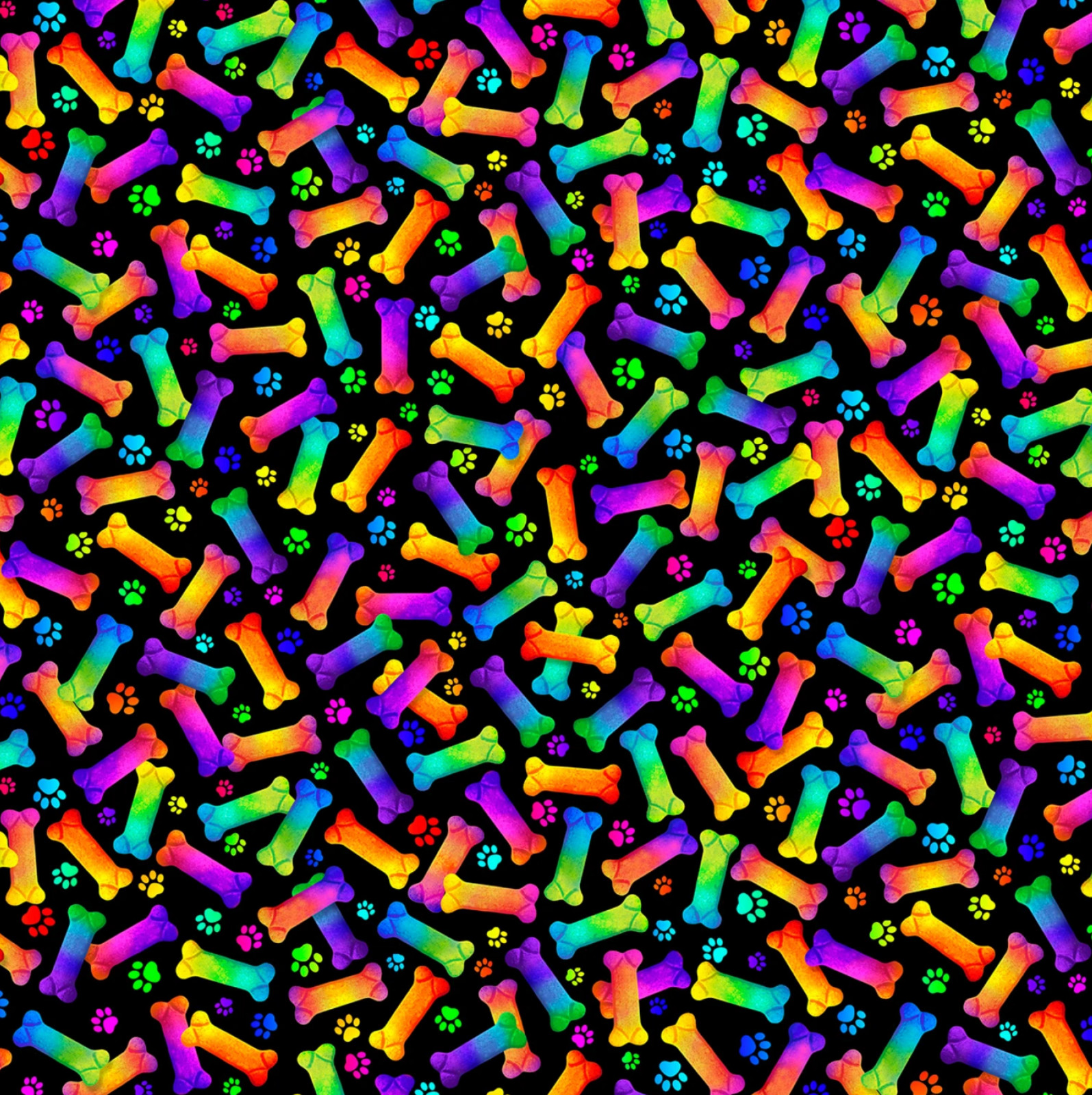 Rainbow Dog Bones & Paw Prints Fabric 18” x 44” 100% Cotton